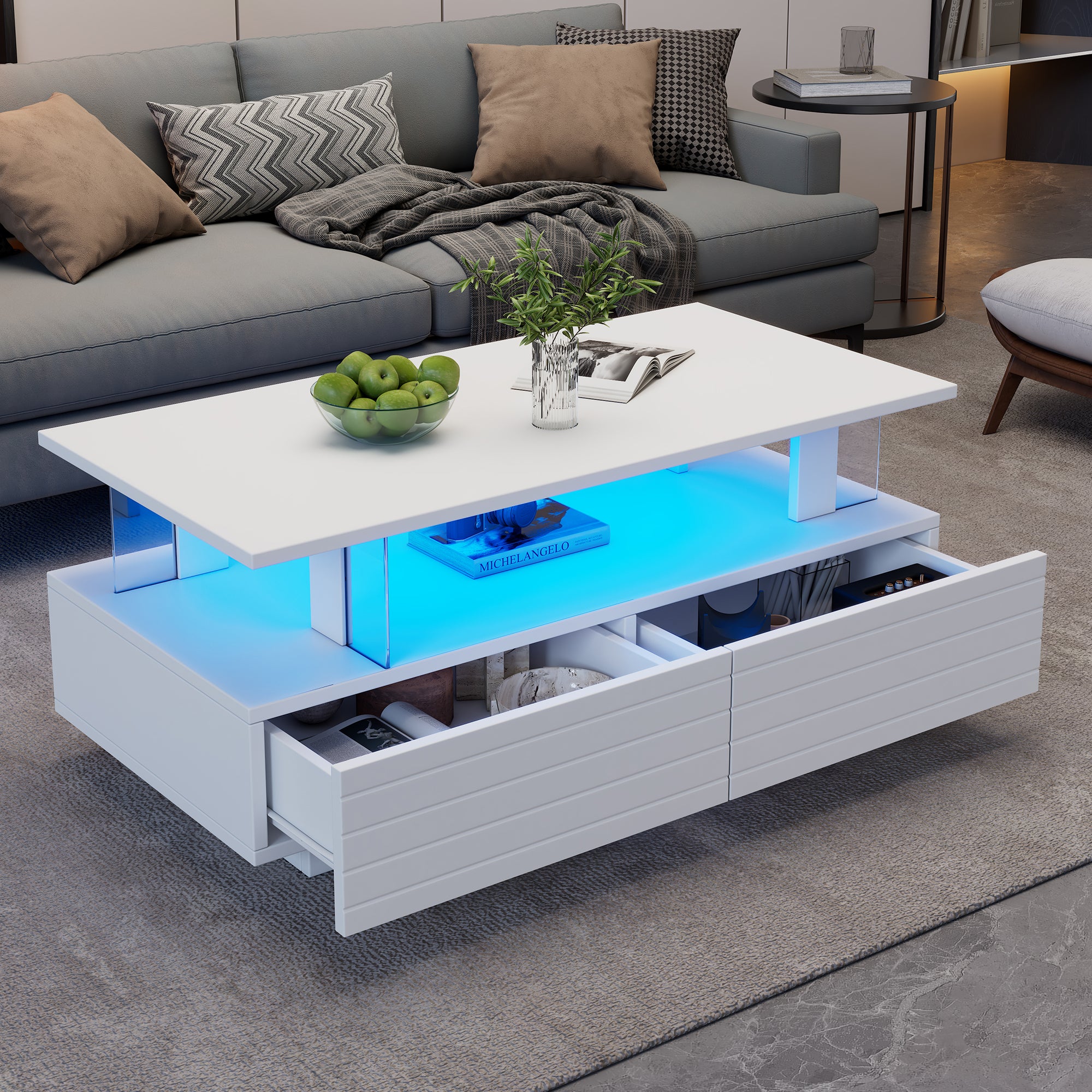 LED Coffee Table, Storage, Double-Layer Rectangular with Bluetooth App, White