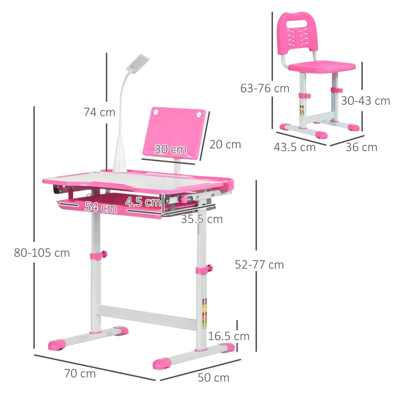 Kids Study Desk and Chair Set, Adjustable Height Storage Drawer, Pink