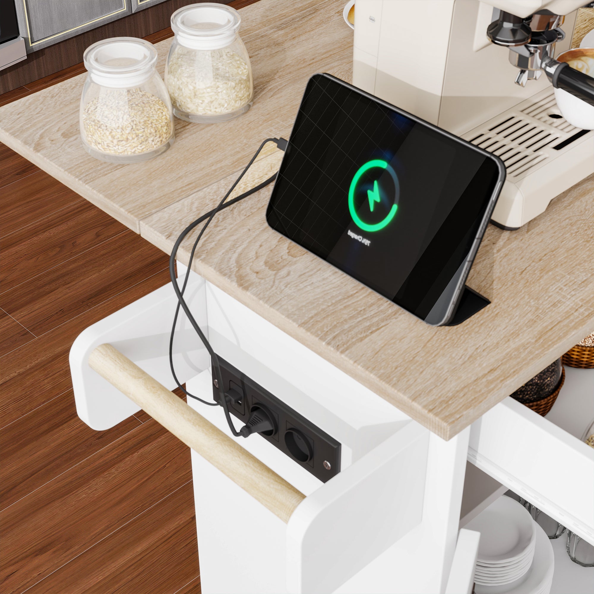 Kitchen Island with Power Outlet, Storage & Work Surface - White