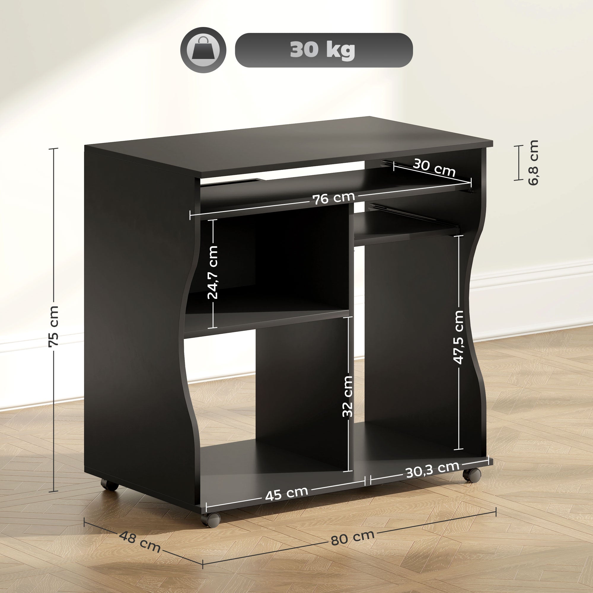 Computer Desk with Wheels, Keyboard Tray, Storage, Black