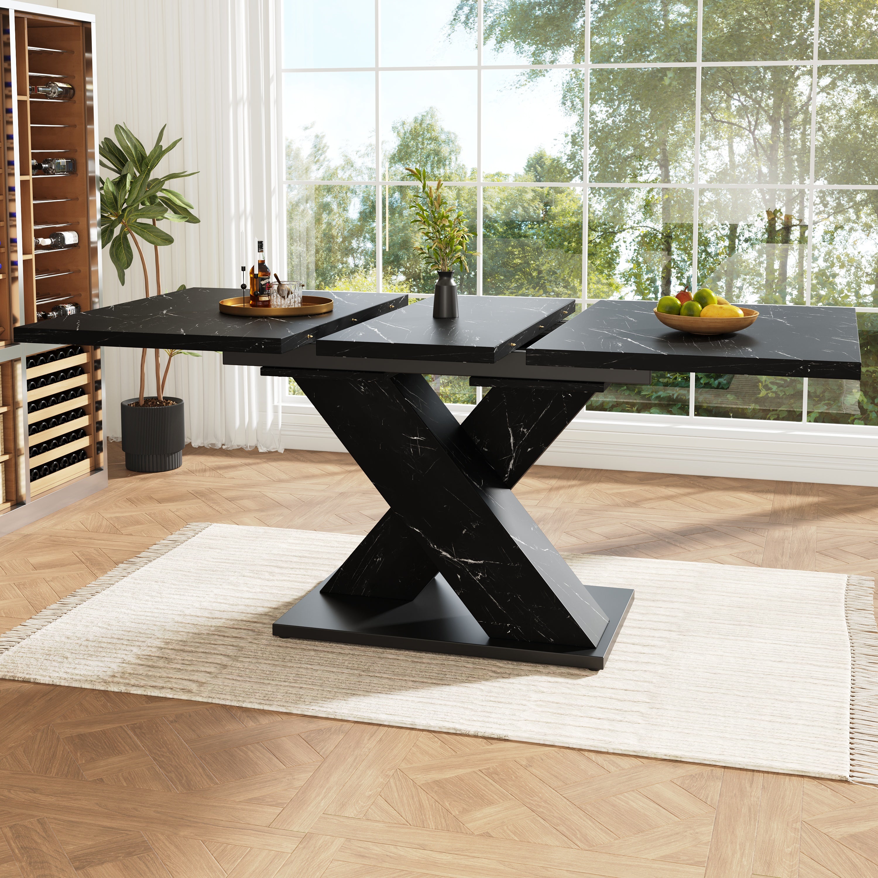 Extendable Dining Table with X-Design for 4-6 People, Black Marble Look