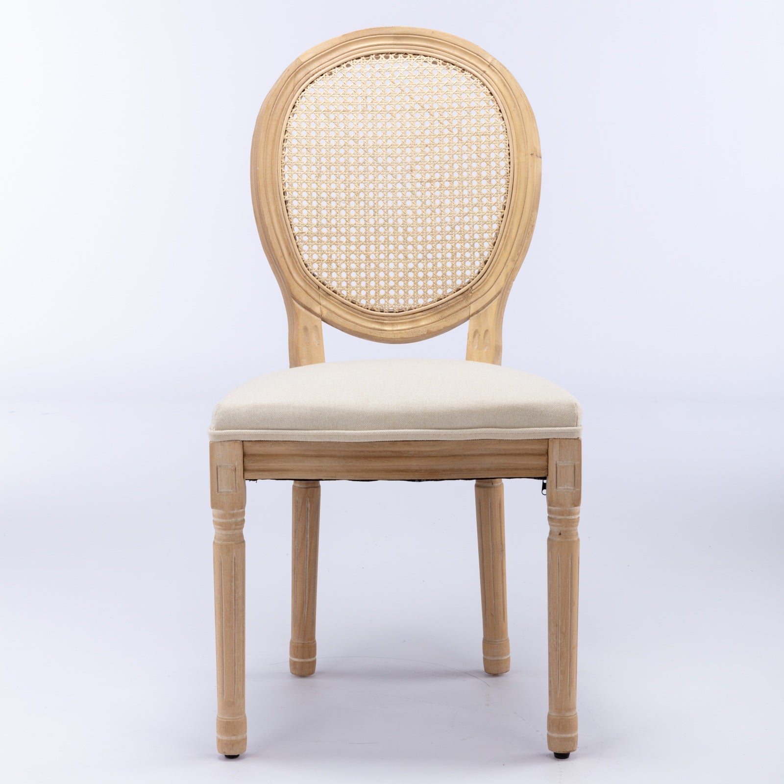French Style Dining Chair Set of 2 Rattan Back Solid Wood Linen Fabric, Cream/Beige
