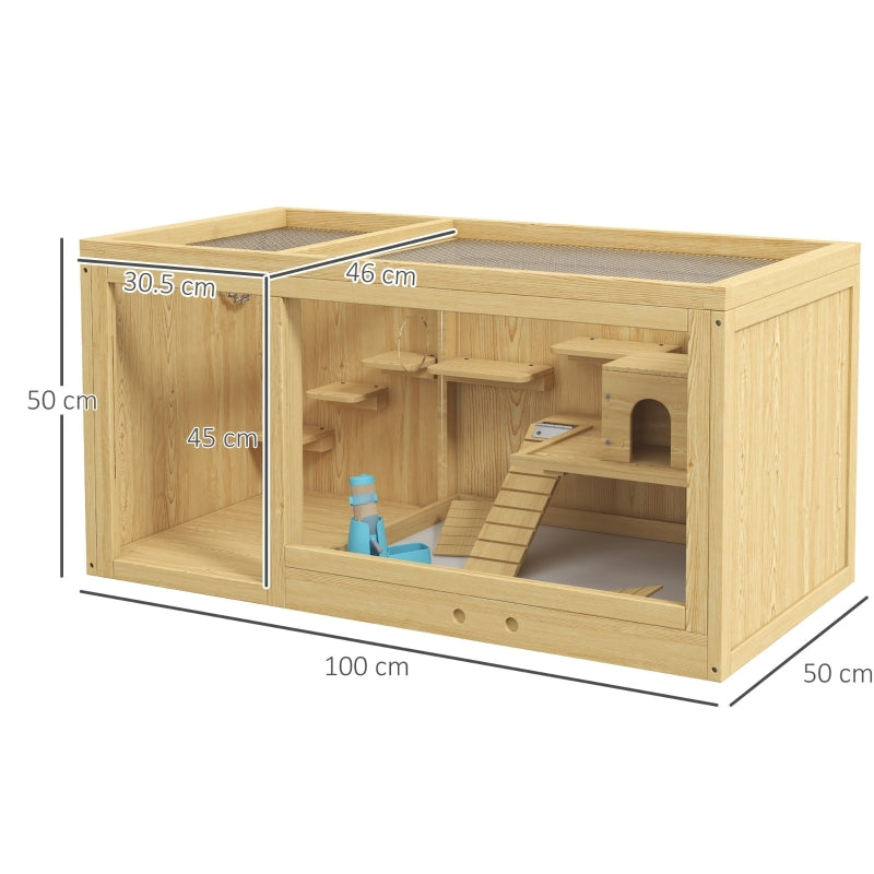 Wooden Hamster Cage with Water Bottle, Platforms, Openable Roof, Sliding Tray, Hut, Seesaws, Natural Wood