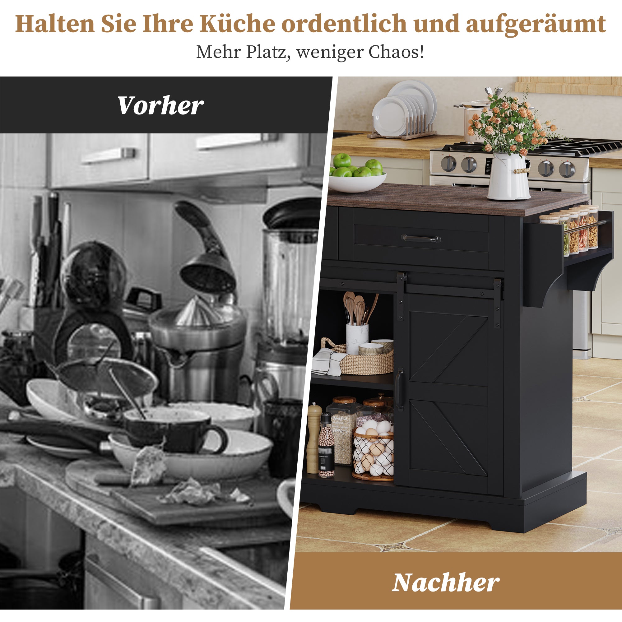 Kitchen Island with Fold-Down Worktop and Sliding Barn Doors, Black