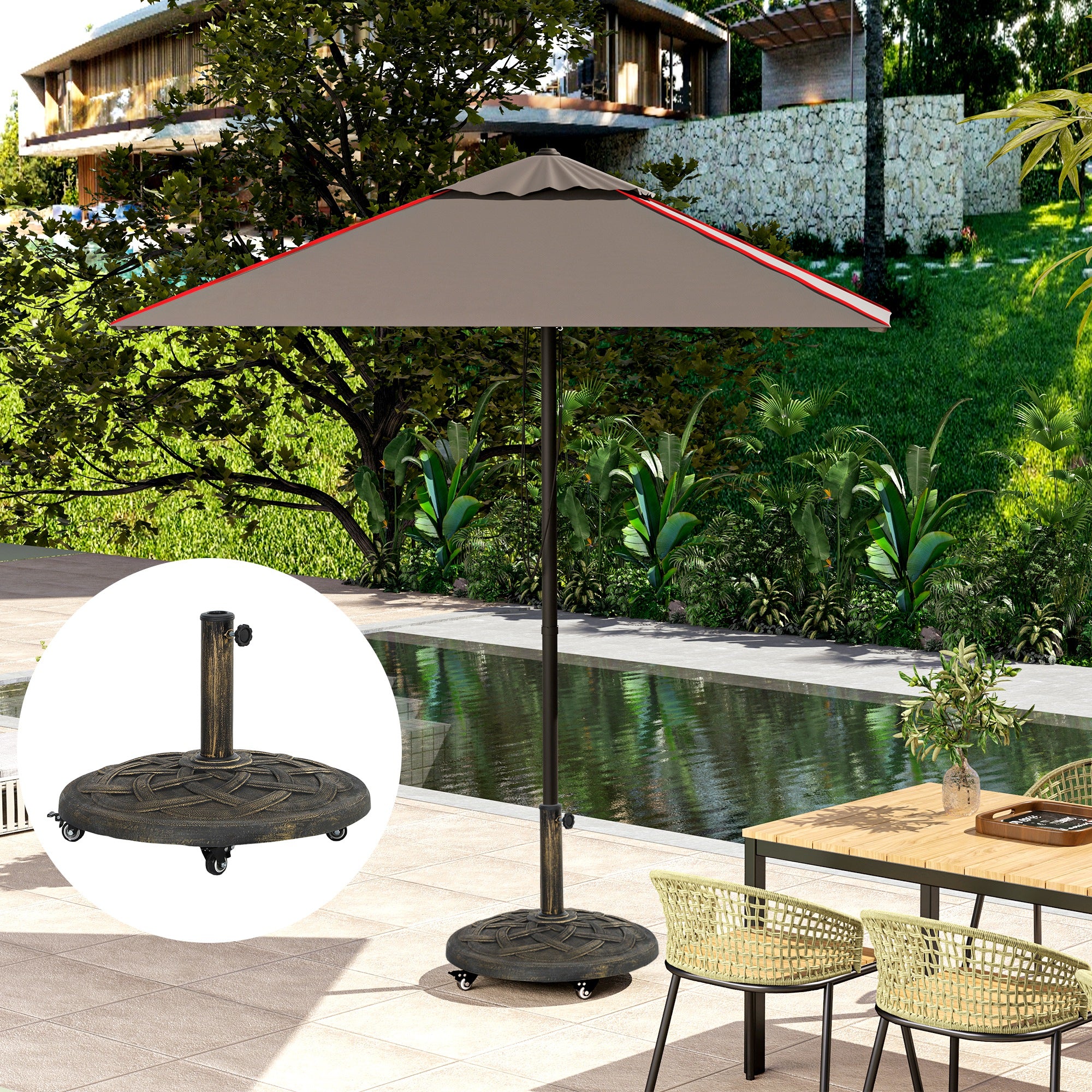 Parasol Base with Wheels, Round Holder for 34/38/48mm Poles, Concrete Bronze