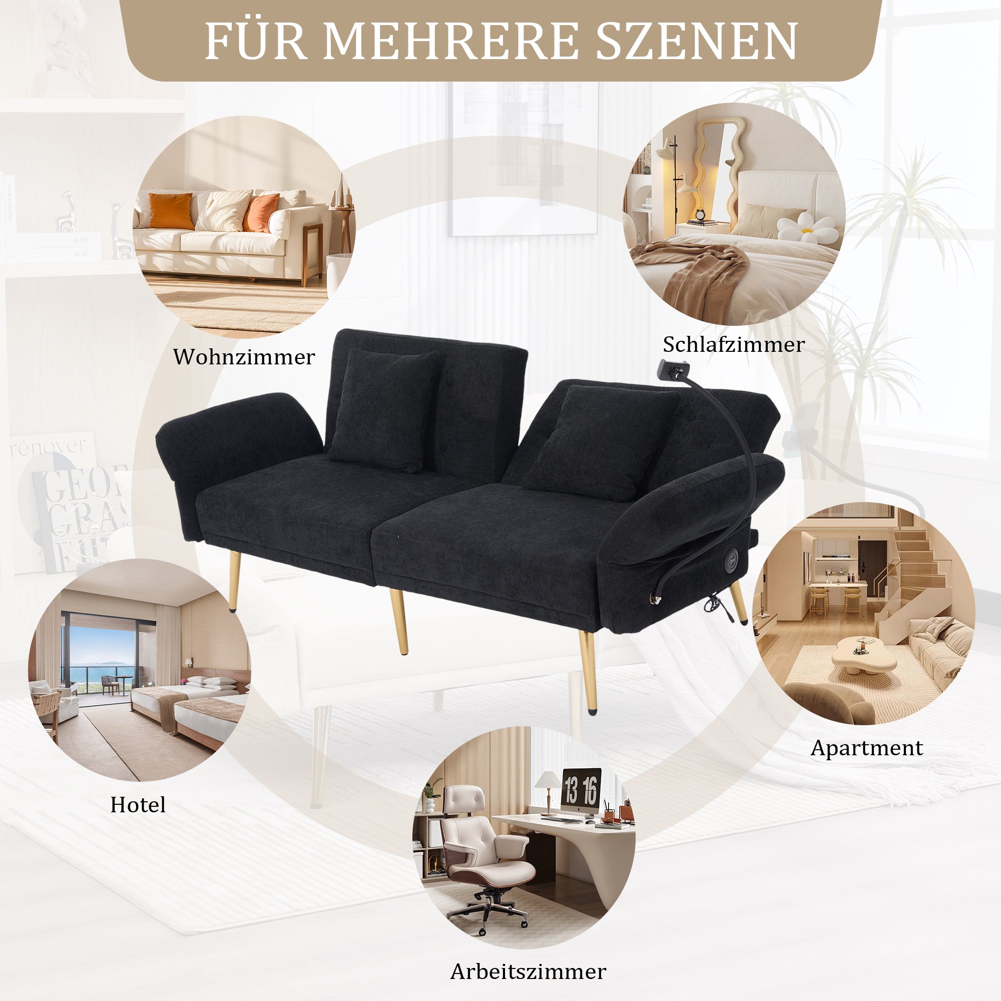 Sofa Bed, Multifunctional with USB & Holder, Metal Legs
