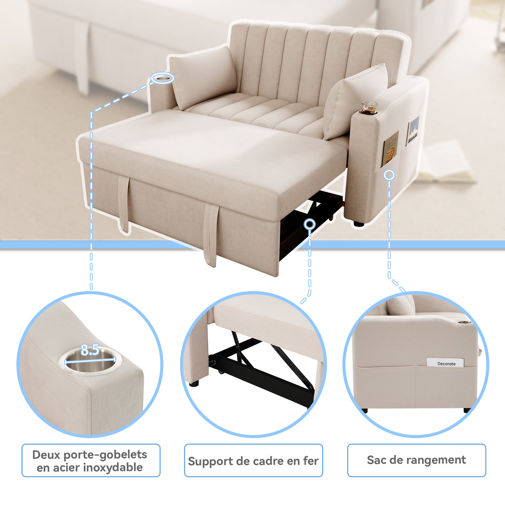 Multifunctional Sofa Sleeper Double Adjustable Backrest Drink Holder Cushions