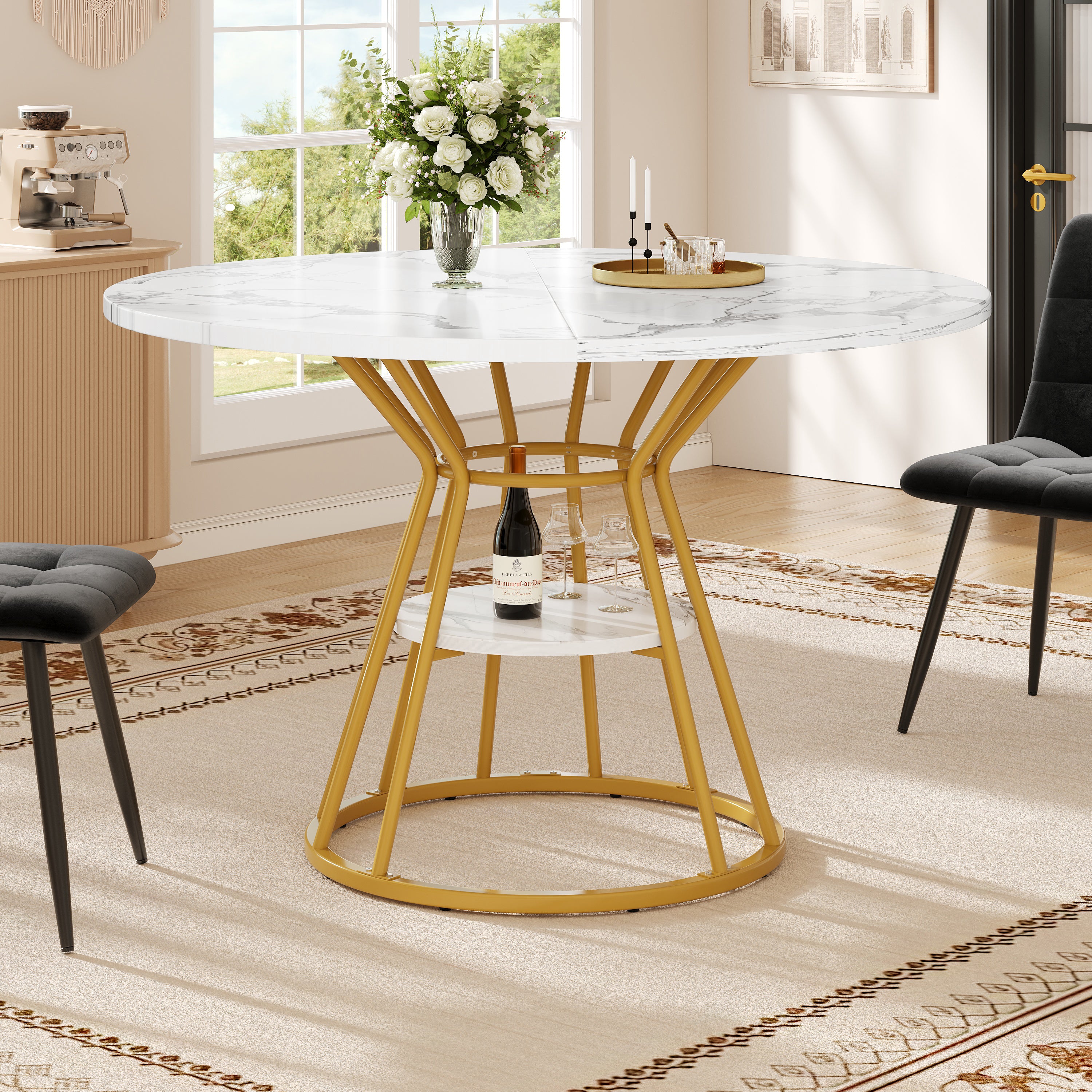 Round Dining Table, Metal Legs Marble Pattern, Gold/Black