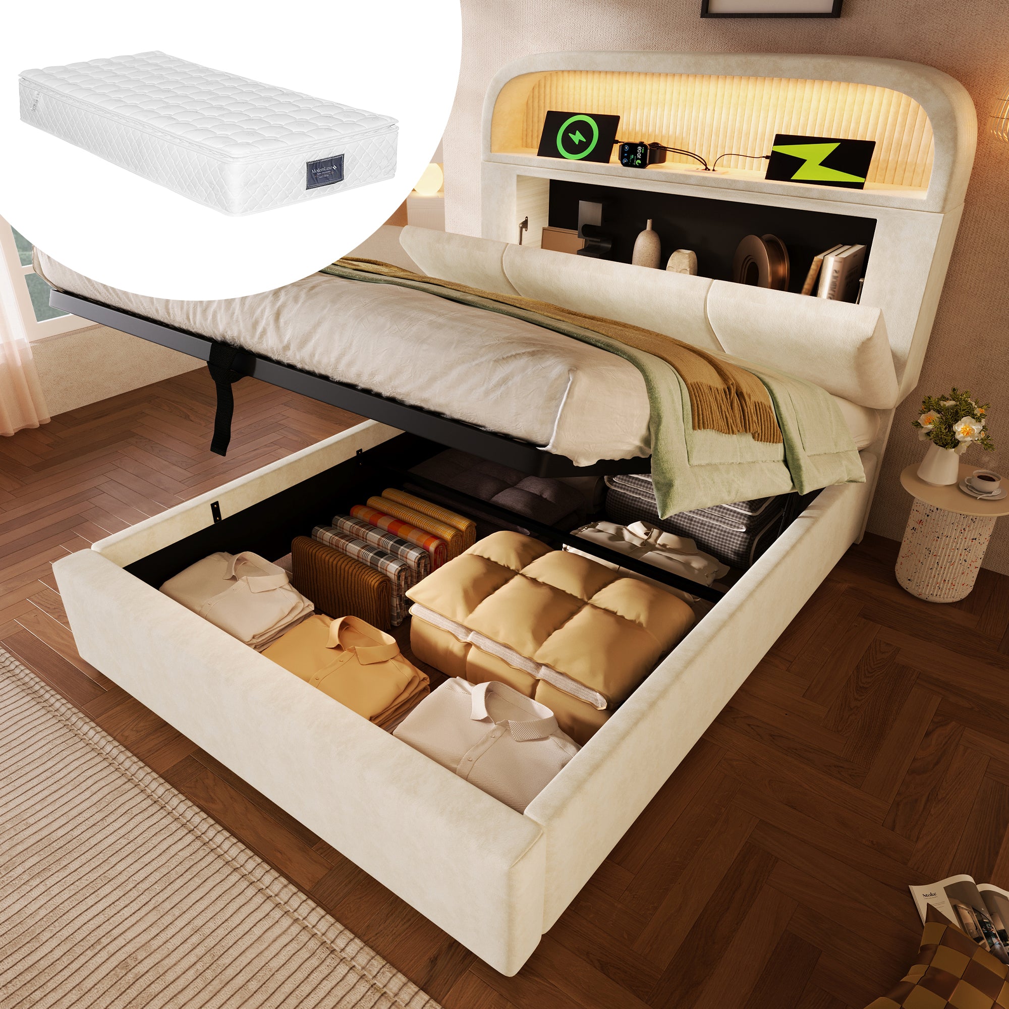Upholstered Single Bed 90x200cm Hydraulic Storage LED USB/Type-C Adjustable Headboard - Velvet Beige (With Mattress)