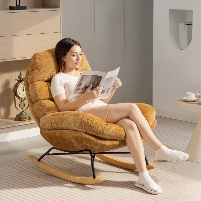 Upholstered Rocking Chair with Steel Legs & Wooden Runners, Yellow