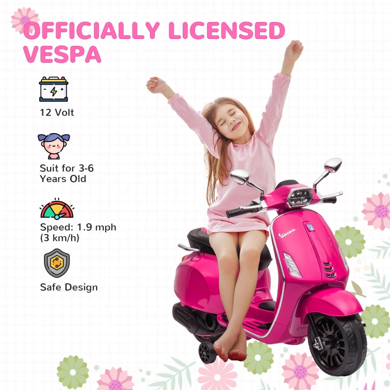 Vespa 12V Licensed Kids Electric Motorbike with Music, Headlights, FM Radio - Pink