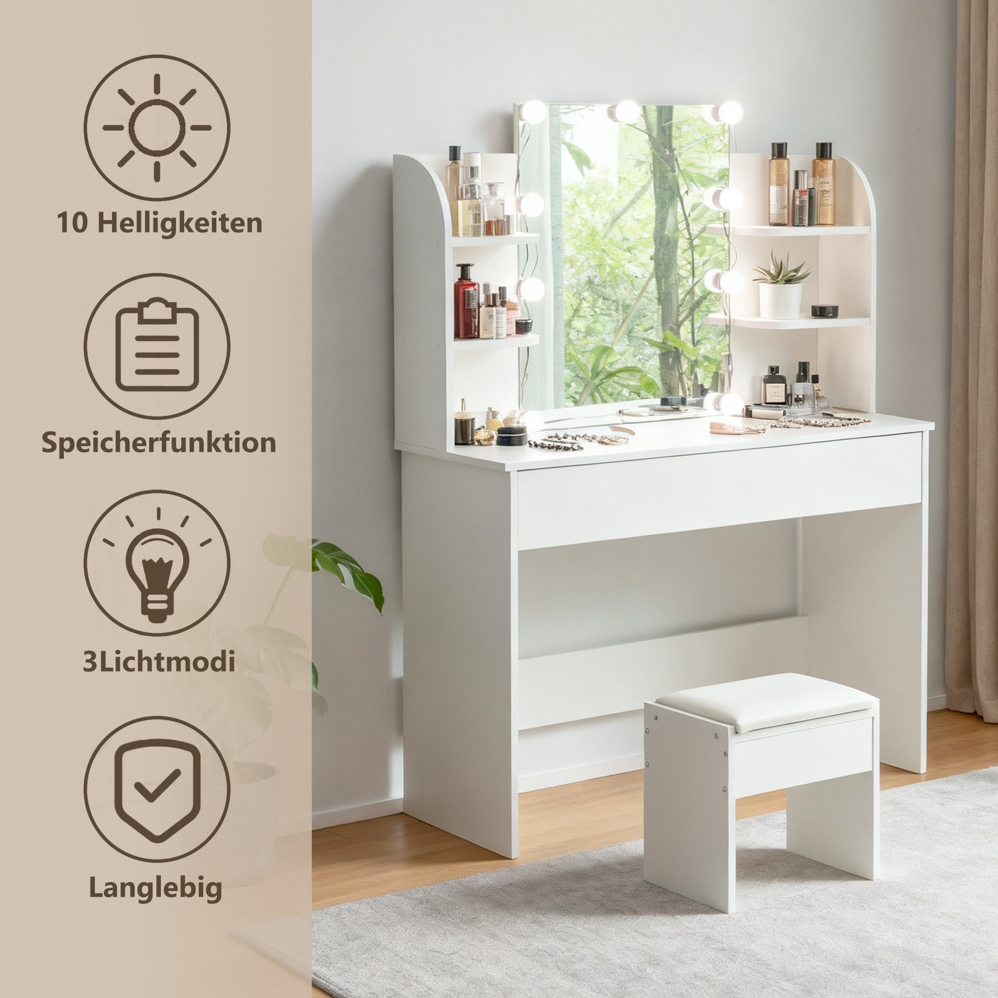 Dressing Table with Stool, LED Lighted Mirror, White