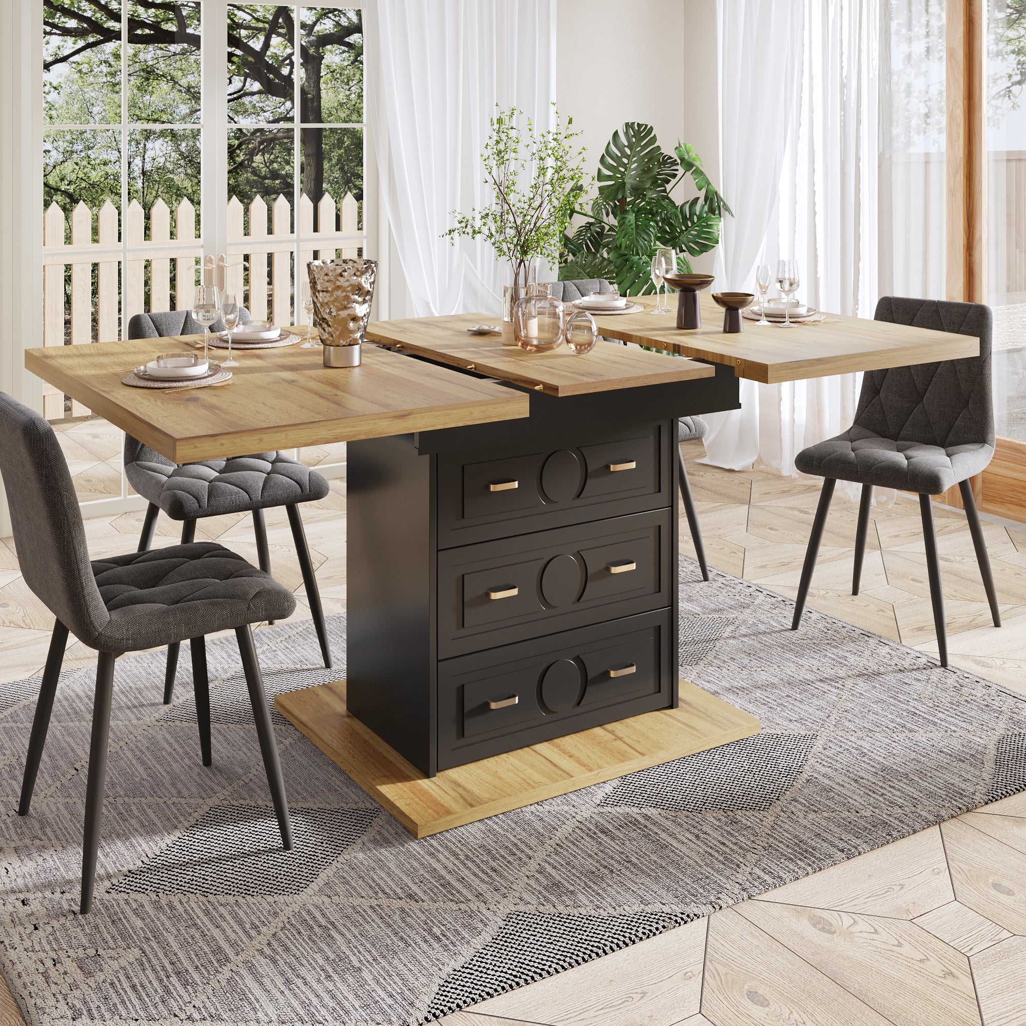 Extendable Dining Table 110-140x80cm 6 Person - Wood Grain