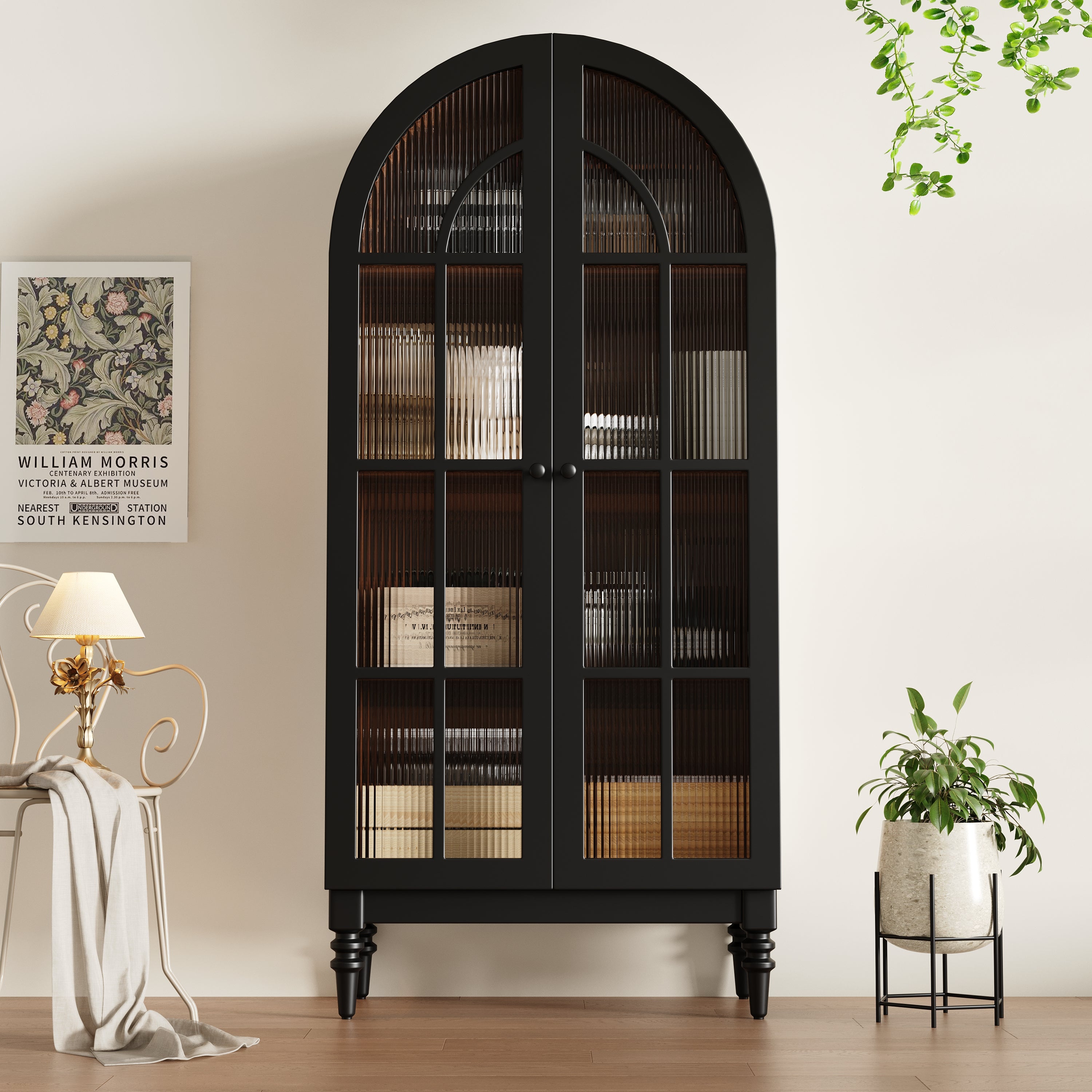 Tall Arched Storage Cabinet with Glass Doors and Wood Grain Finish