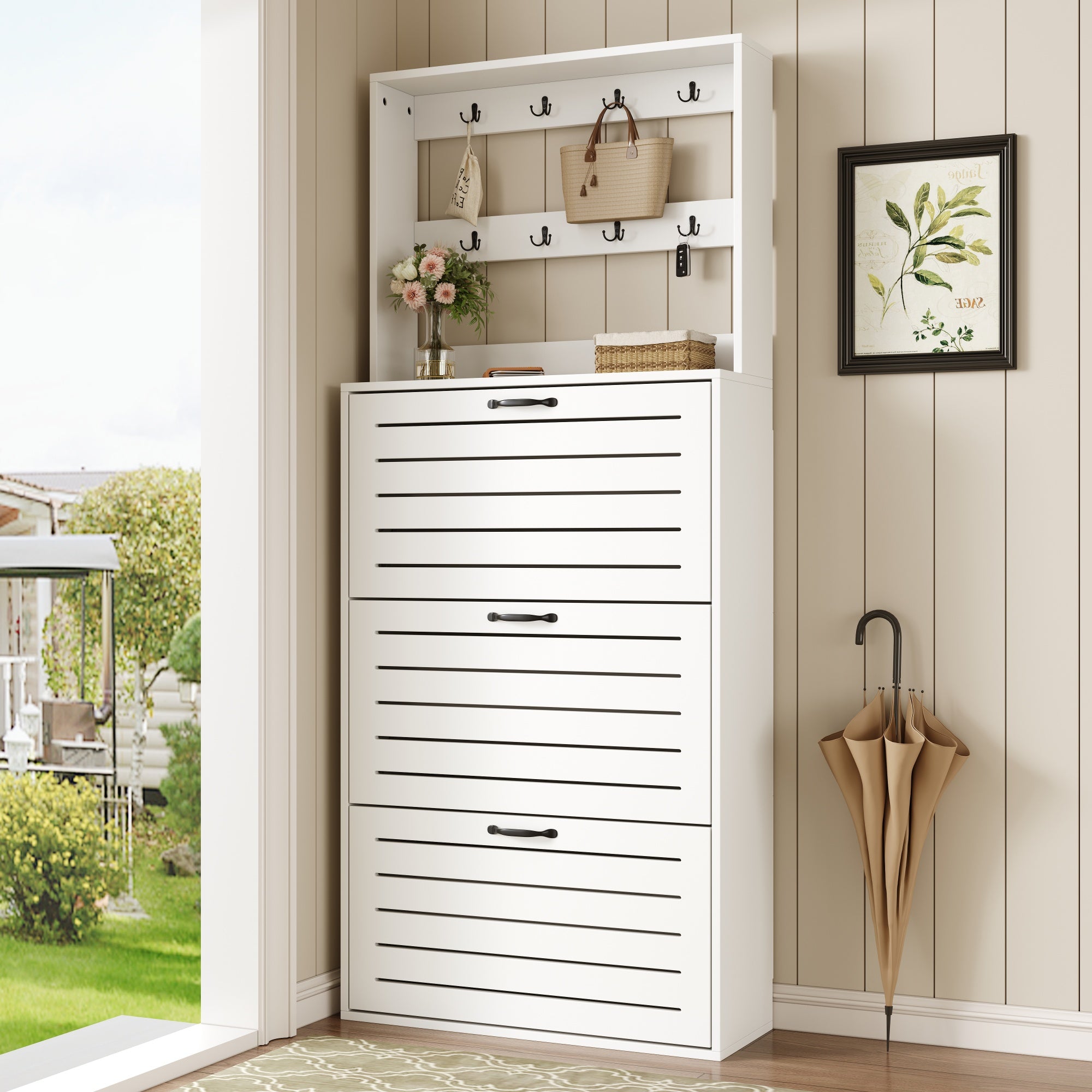 Shoe Cabinet with 3 Doors, Hooks, 15 Pairs Capacity