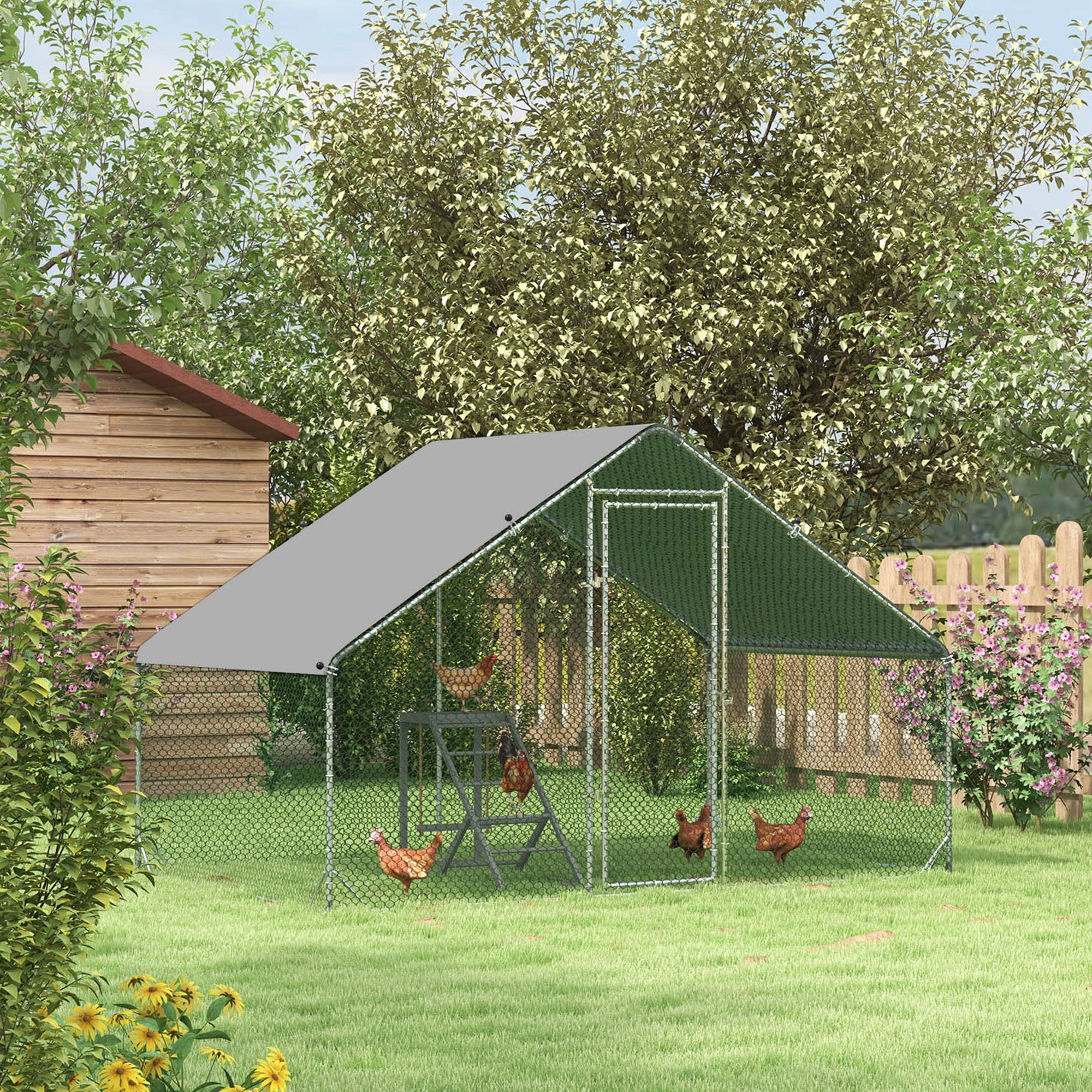 Chicken Coop Free-Range Enclosure, 300 x 200 x 200 cm, 4-6 Chickens, Steel, Silver
