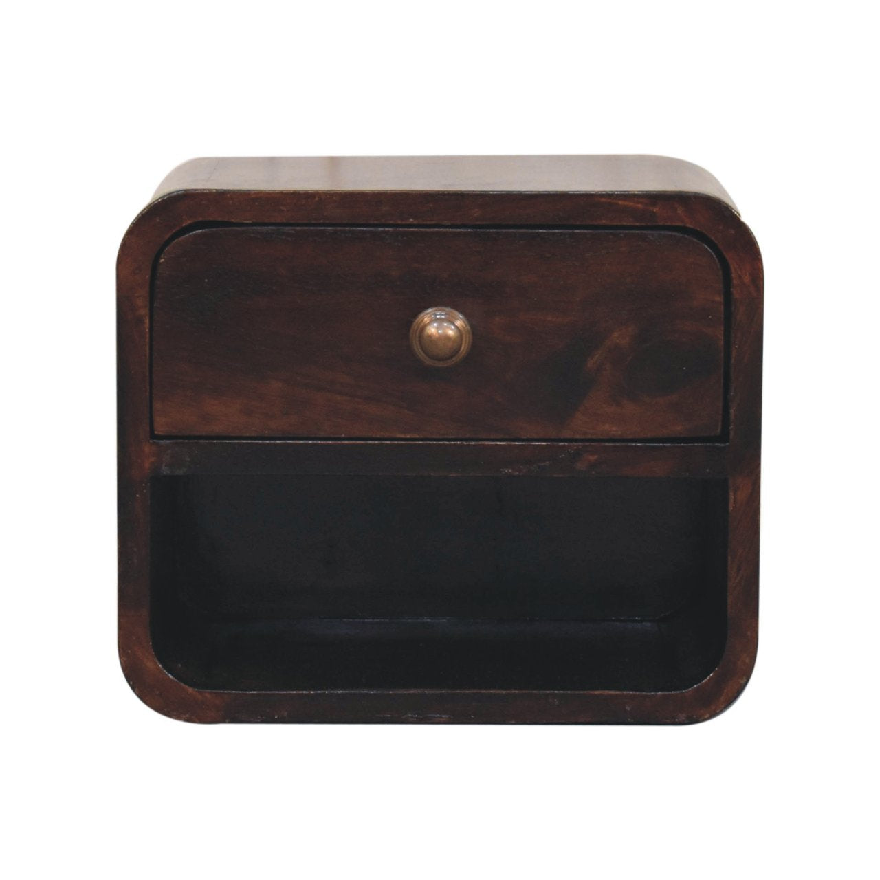 Solid Wood Bedside, Mini Curved Wall Mounted w/ Open Slot & 1 Drawer, Dark Brown