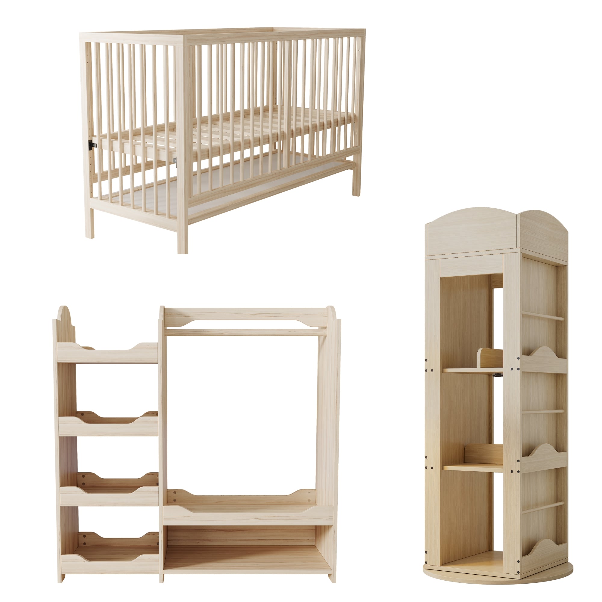 Children's Combination Furniture: Multifunctional Baby Bed, Wardrobe & Rotating Bookcase, Natural Colors