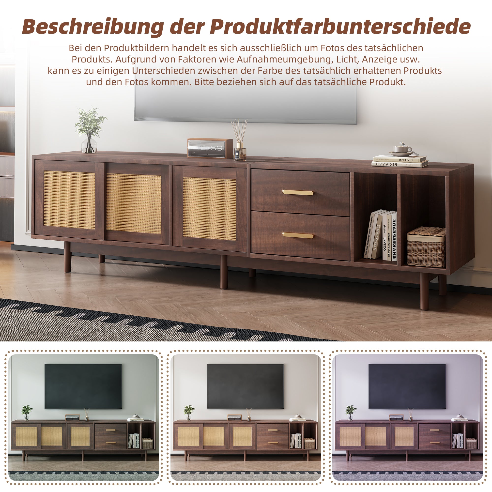 TV Cabinet, 190x40x52cm Lowboard with Drawers, Rattan MDF, Brown