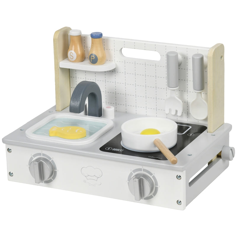 AIYAPLAY 10-piece children's kitchen set with spice bottles, pot, egg, and fish, gray/yellow