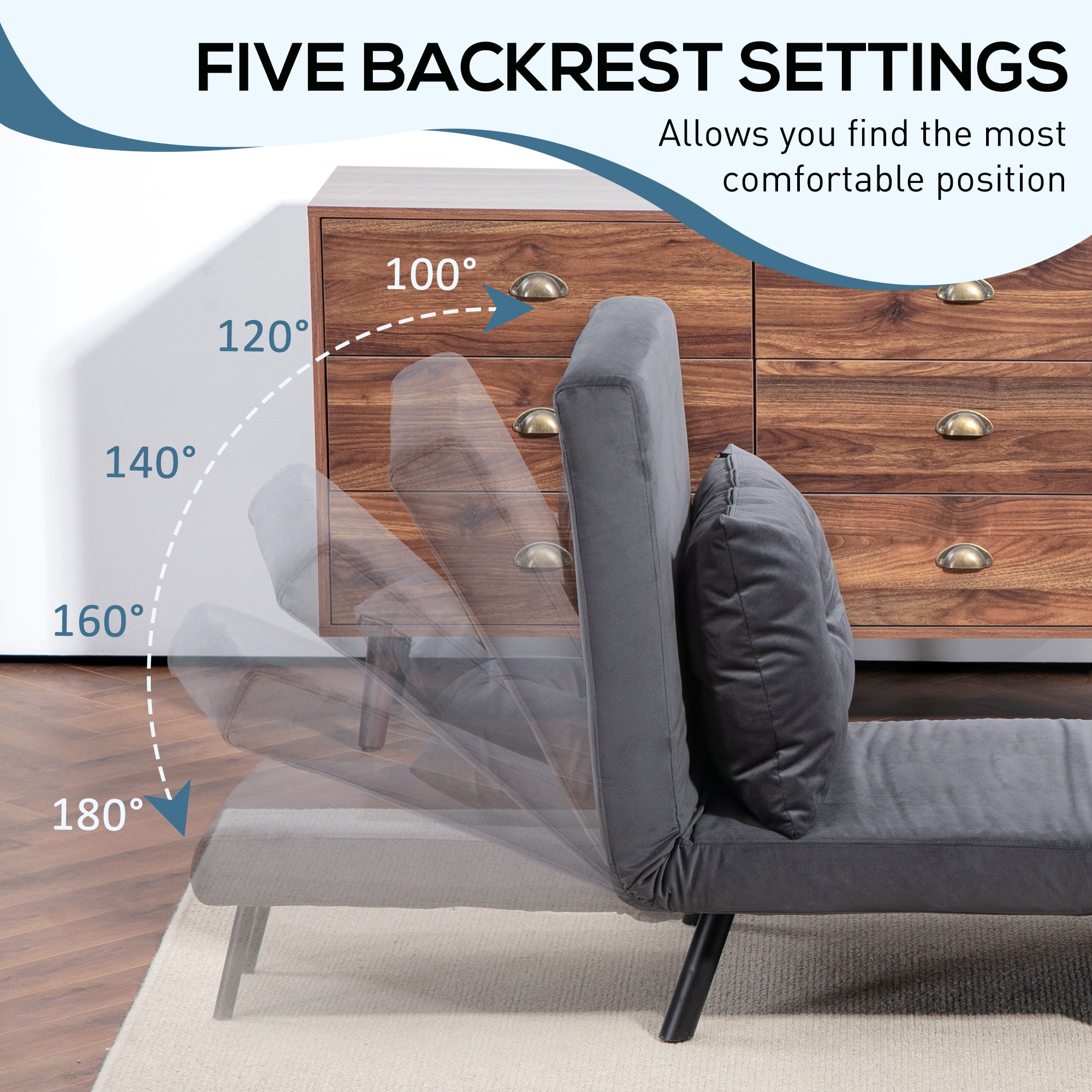 Single Chair Bed, 4-in-1 Convertible with Pillow, Velvet-Feel Charcoal Grey