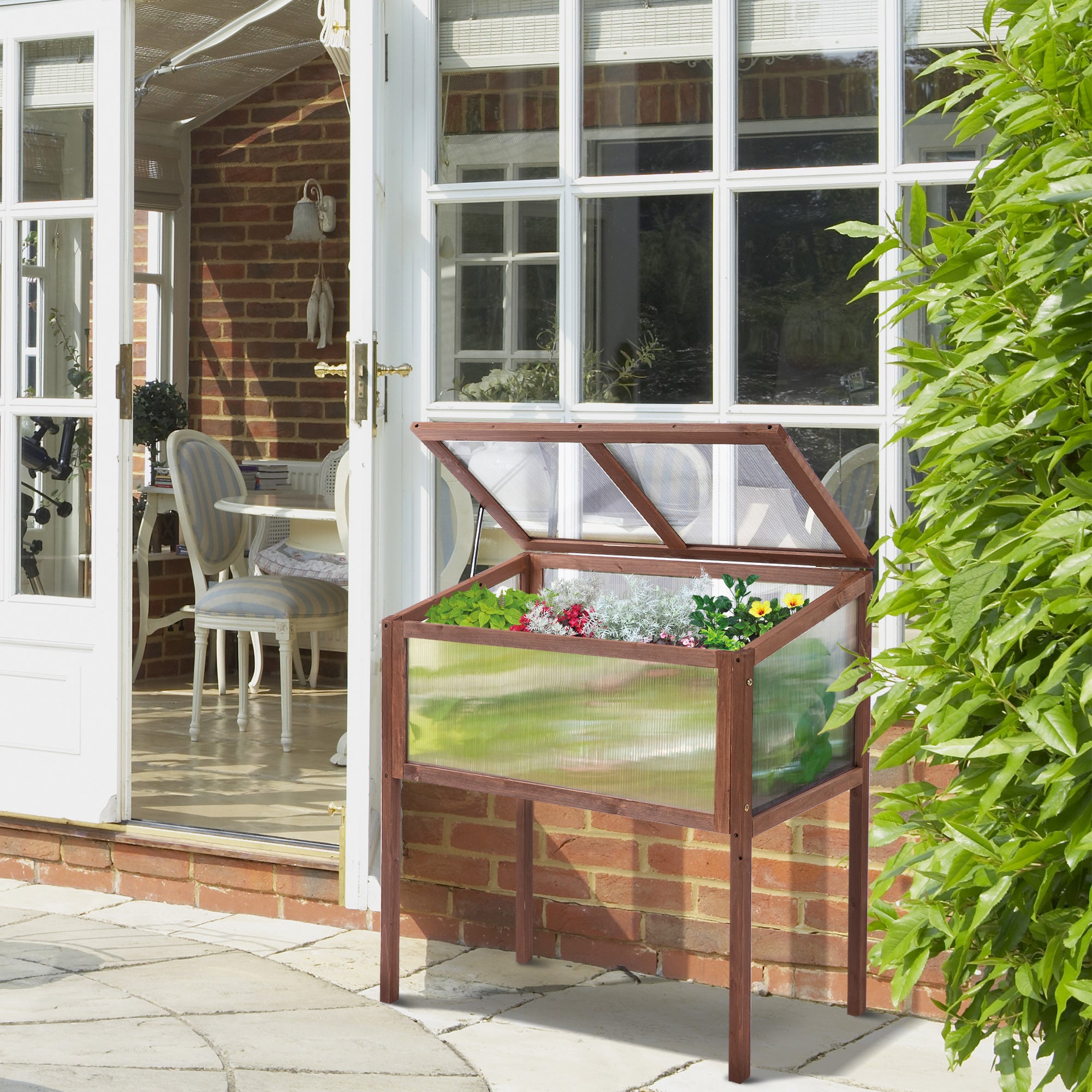 Raised Bed Cold Frame Planter, 90 x 50 x 93 cm, Fir Wood & PC Board, Brown