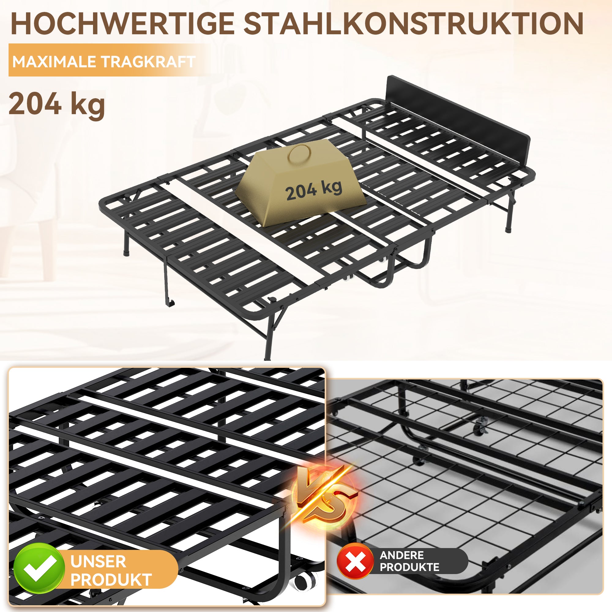 Folding Twin Bed Rollaway, 190x116cm with 9.5cm Memory Foam Mattress, Metal Frame