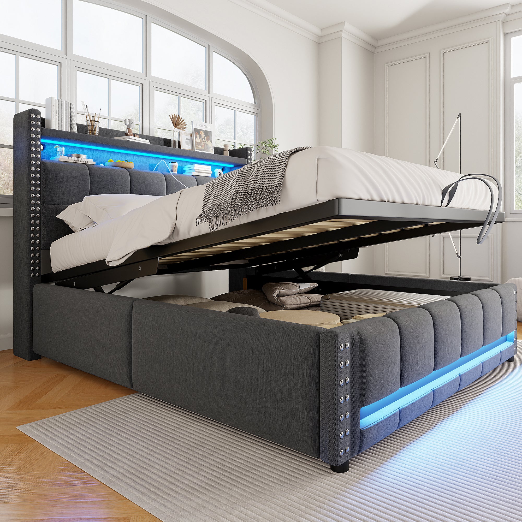 Upholstered Bed 140*200cm, LED & USB, Hydraulic Storage, Linen Fabric Grey