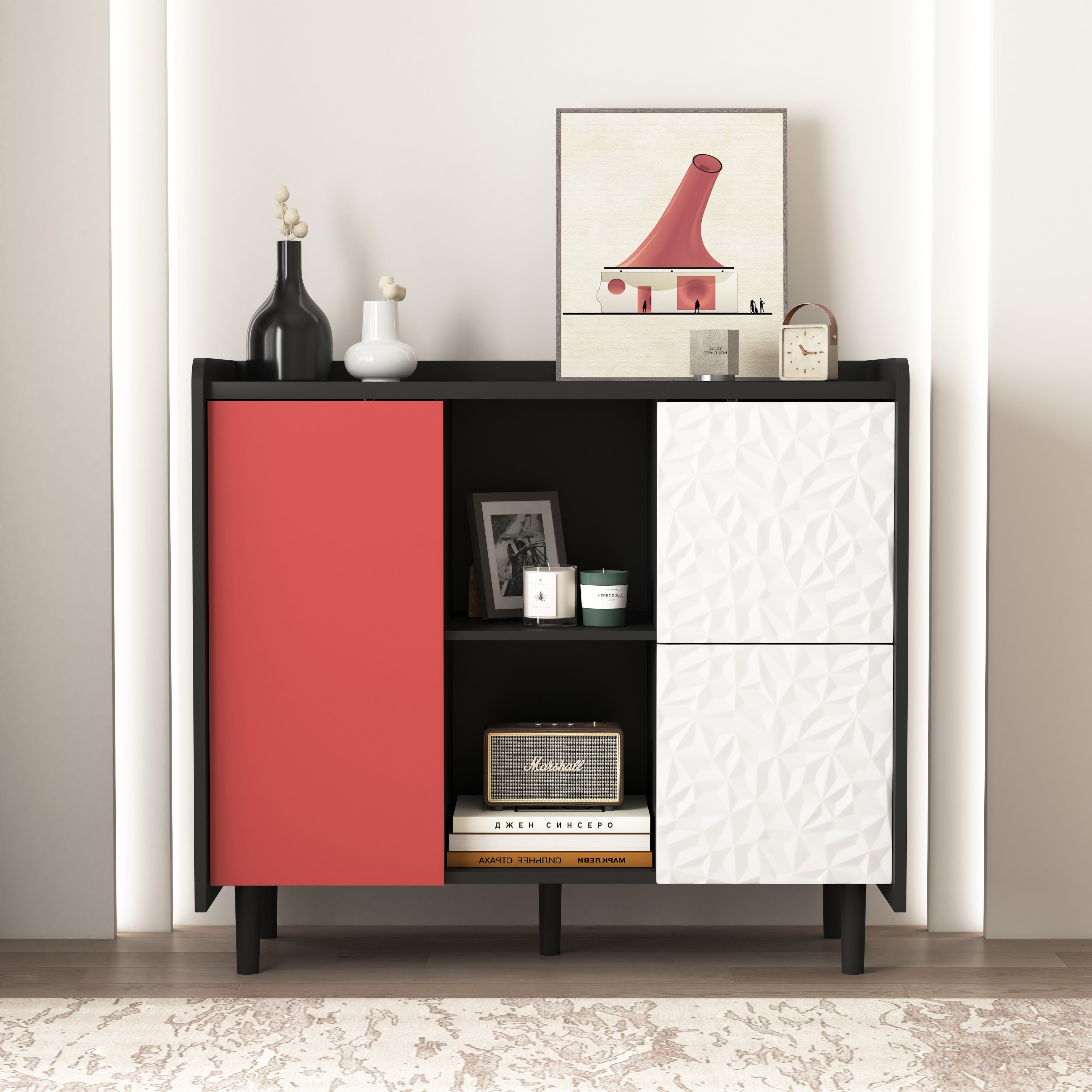 Sideboard/Buffet Cabinet with 2 Drawers & 2 Open Compartments, Black with Red Doors