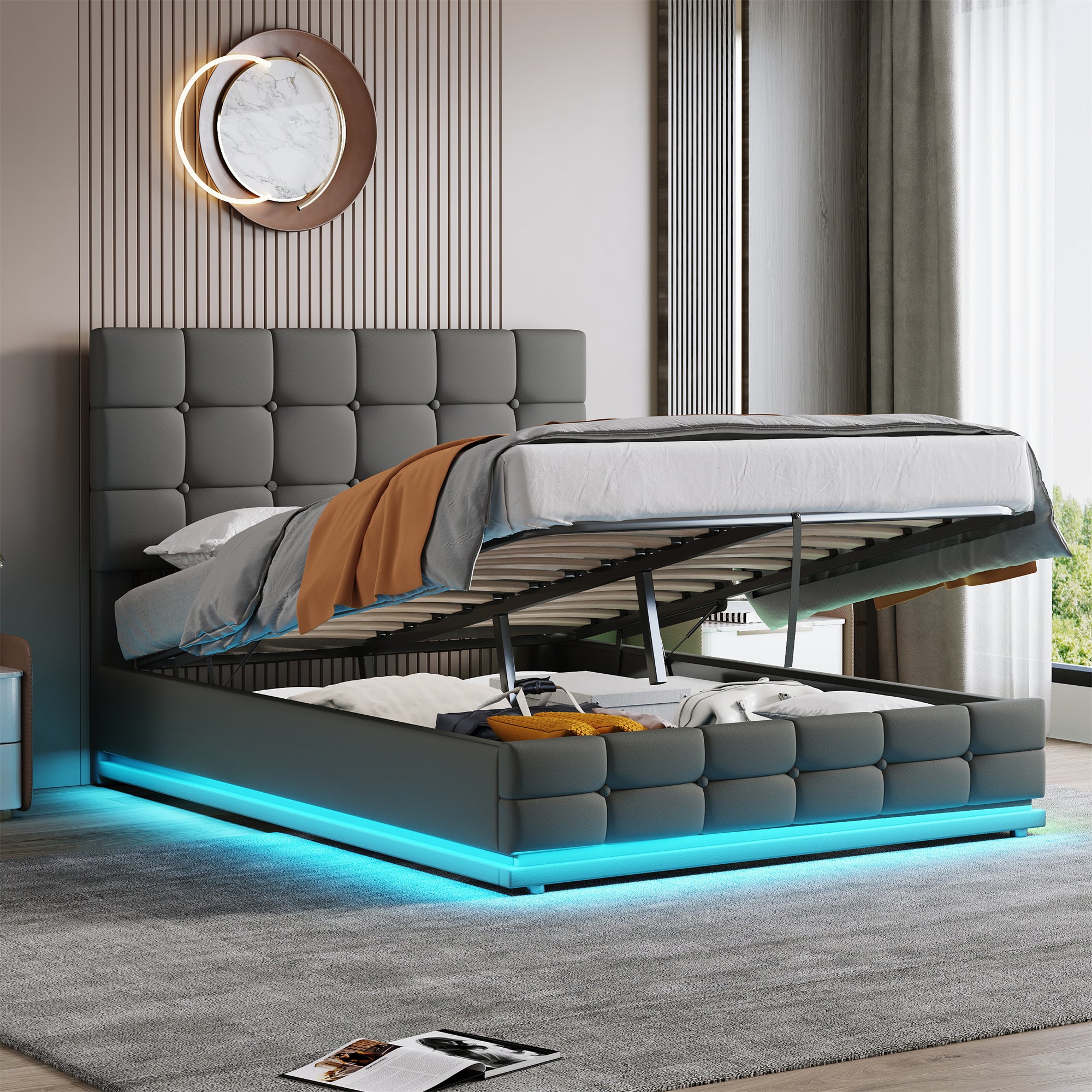 Ottoman Double Bed with LED Lighting, Hydraulic Storage, Adjustable Headboard, Grey PU Leather