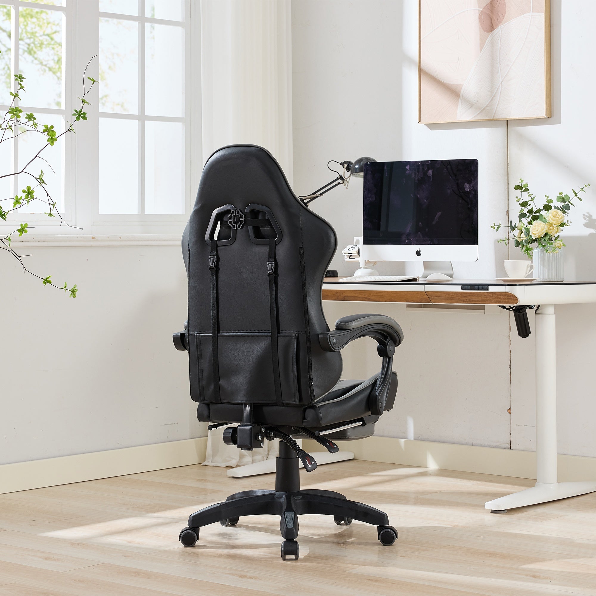 Gaming Chair Ergonomic Racing Design High-Back Adjustable Footrest & Lumbar Support Leather - Black & Grey