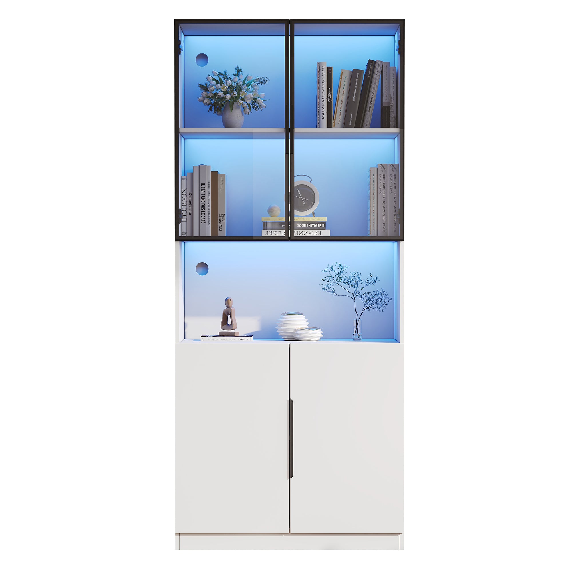 Display Cabinet, Glass Doors LED Lights Bookshelf, White