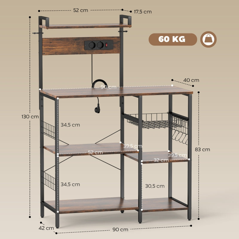 Kitchen Shelf Freestanding 5-Tier 2 Sockets 5 Hooks Basket - Steel