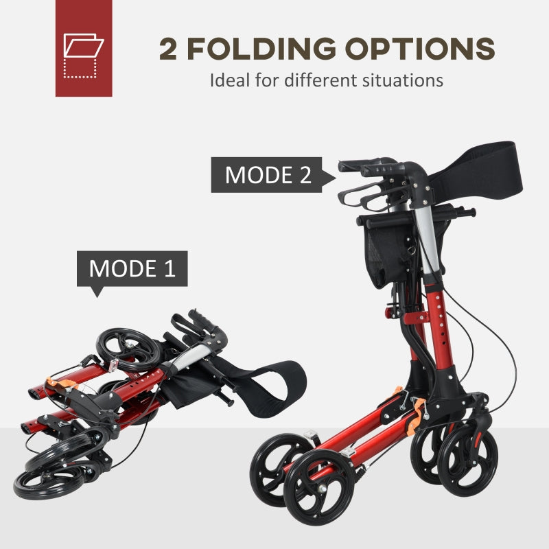 Folding Rollator Walker, Lightweight with Seat, Dual Brakes, Adjustable Height, Red