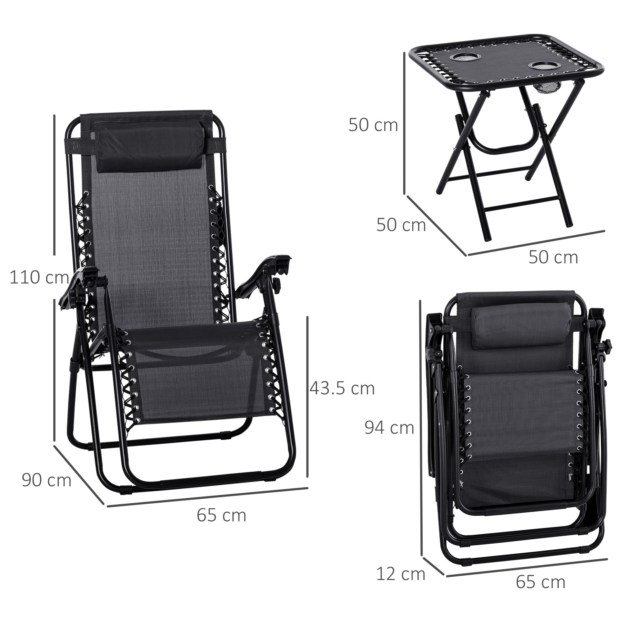Folding Zero Gravity Chairs, 3-Piece Adjustable Sun Lounger Set with Table and Cup Holder, Black