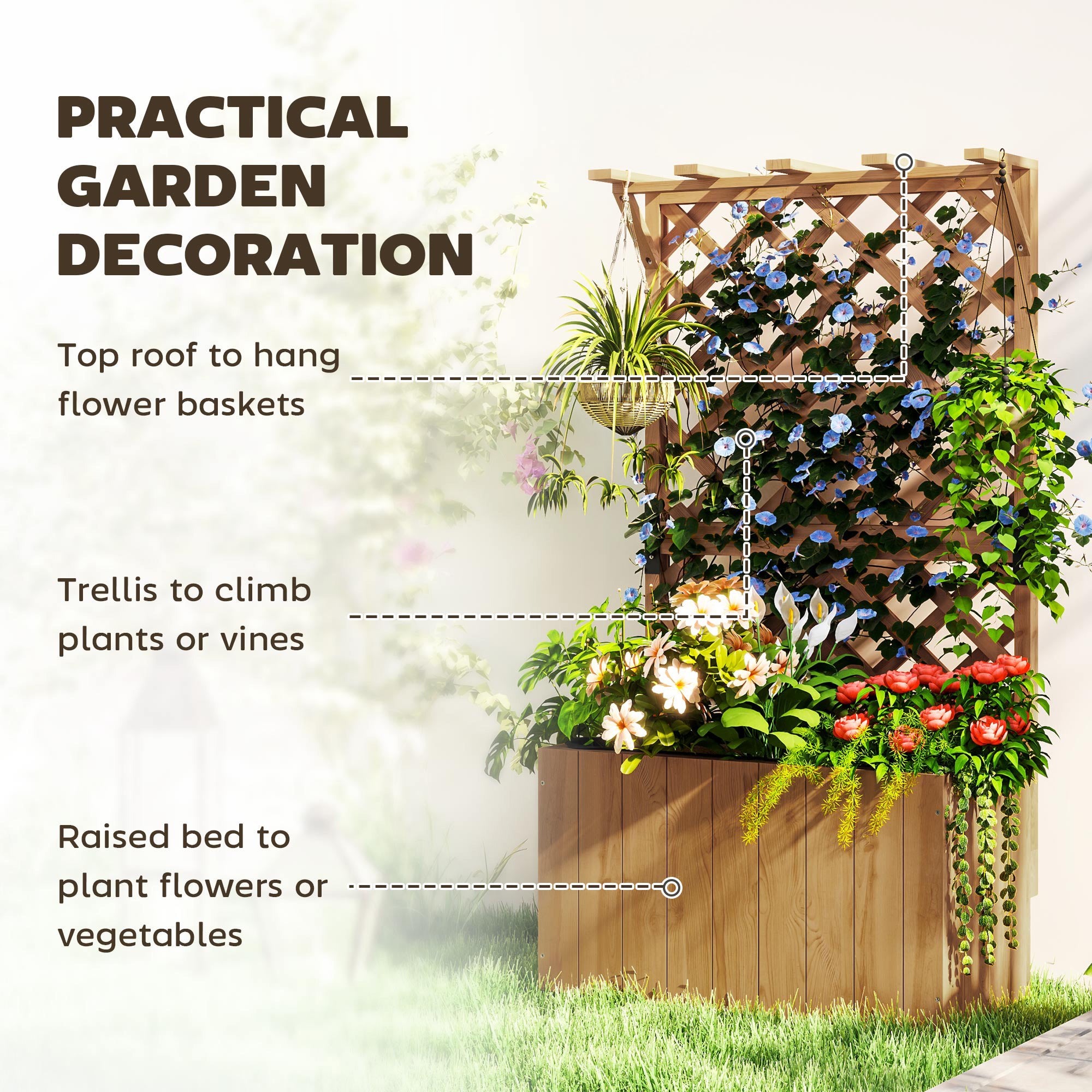 Wooden Planter with Trellis, Freestanding Raised Garden Bed & Drainage, Natural