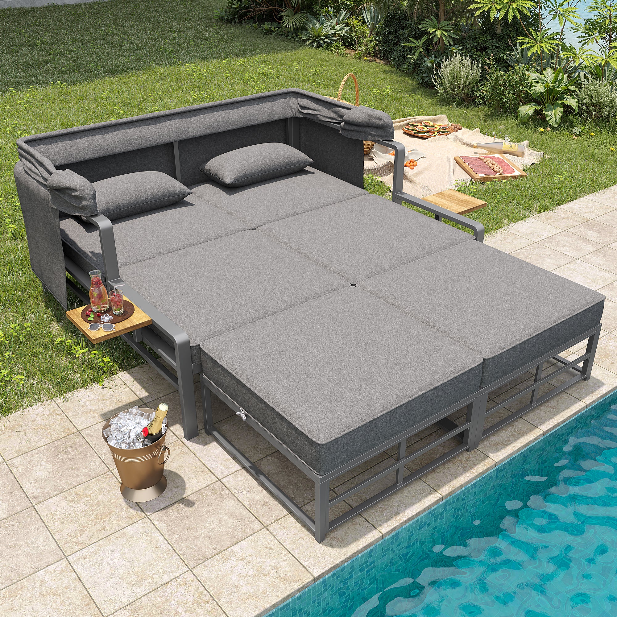 Garden Lounge Set Sun Lounger 2-4 Person with Foldable Sunshade