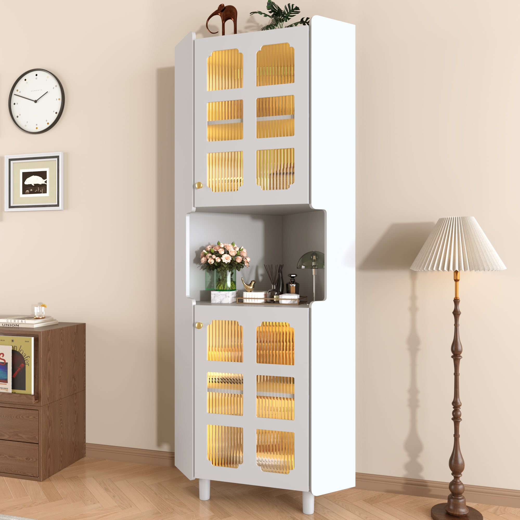 Corner Cabinet LED Multifunctional Storage - White Lacquer Finish