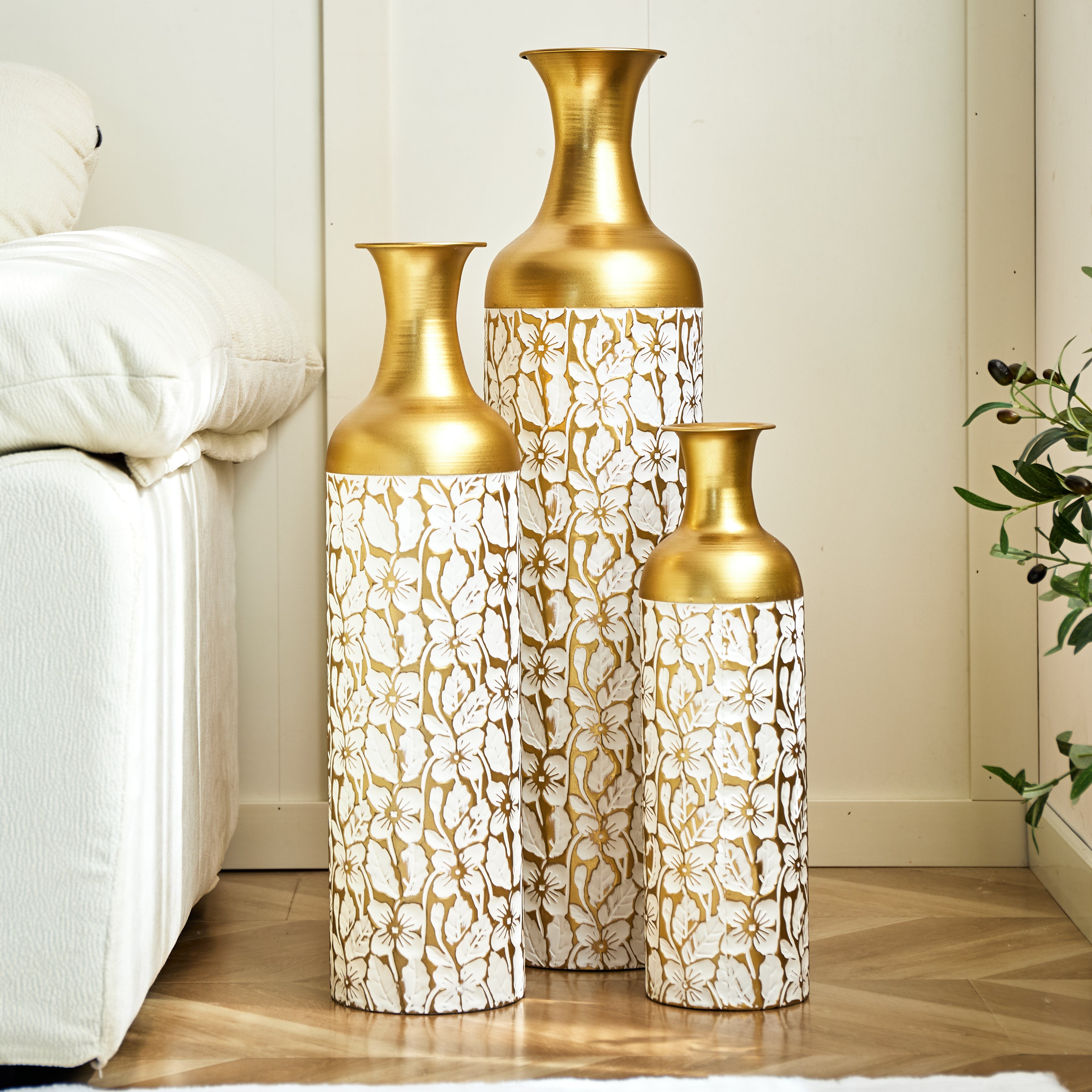 Floor Vase Set 3 Retro 83/65/50cm High White Gold Metal