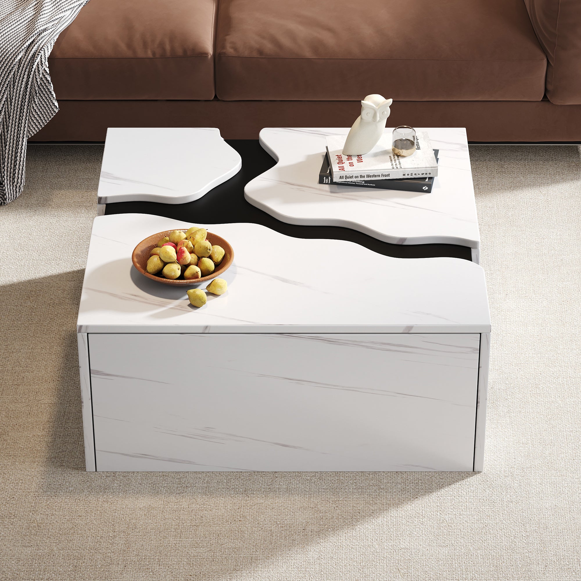 Living Room Coffee Table 70x70x31cm Cube Design Drawer Storage Marble Veneer