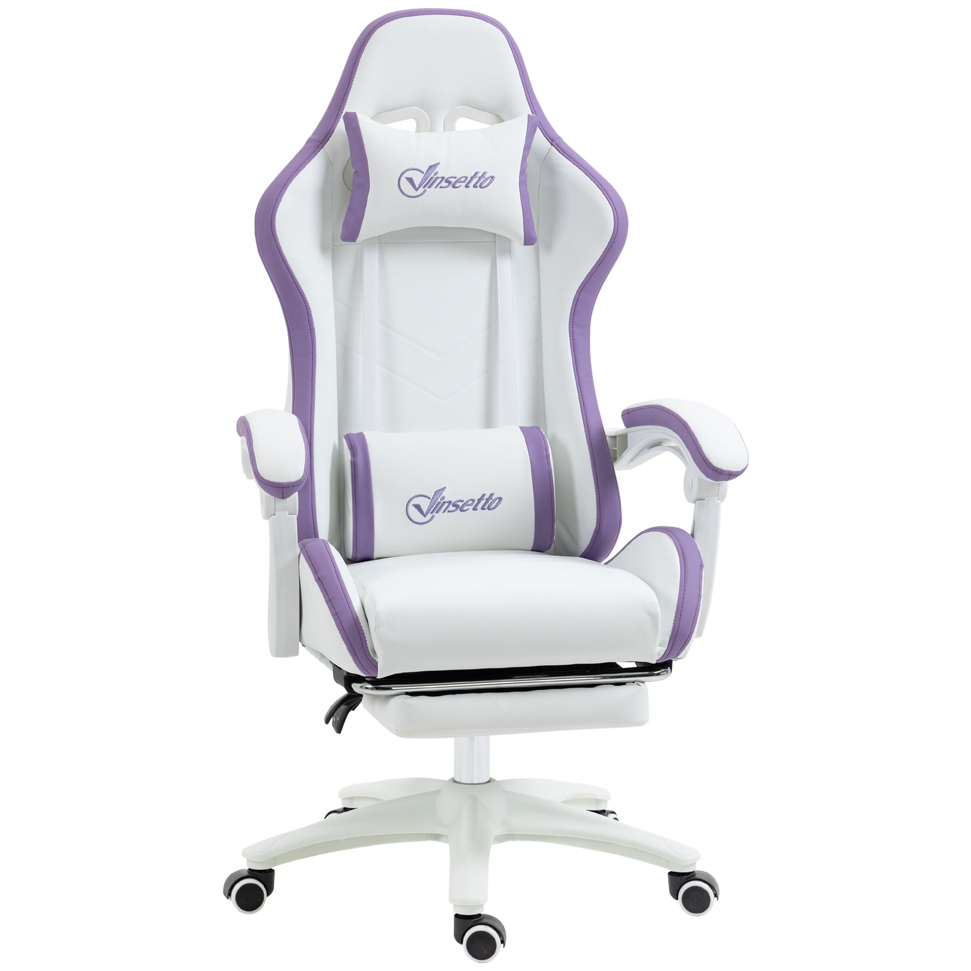Computer Gaming Chair with Footrest, 135° Reclining Back, Lumbar Support, PU Leather, White and Purple