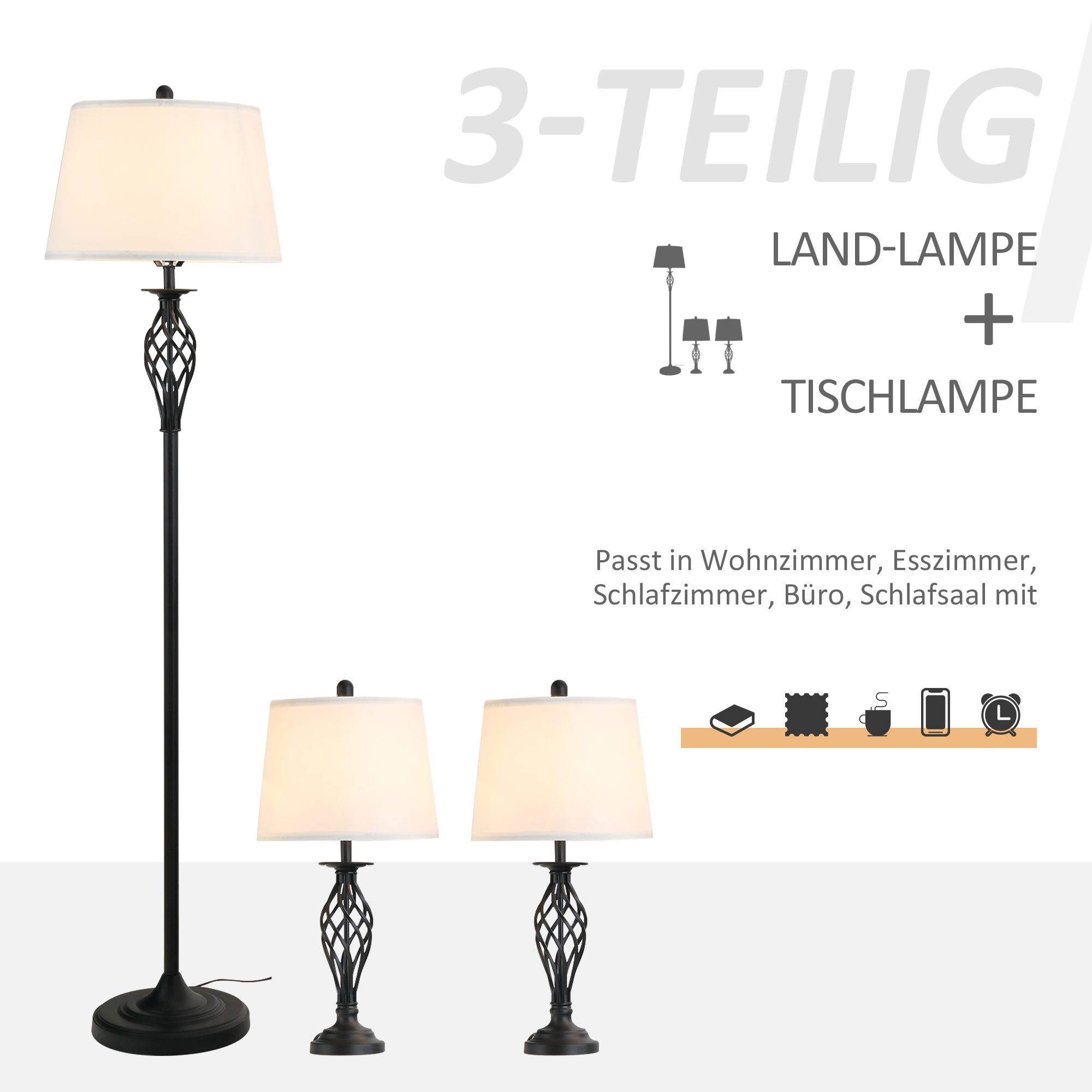 3-Piece Lamp Set: 2 Table Lamps (Ø38cm) & 1 Floor Lamp (Ø62cm), Vintage Black/White Metal/Cotton