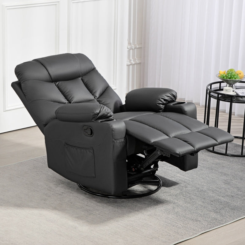 Manual Reclining Chair Swivel Armchair Footrest Cup Holders, Faux Leather Black