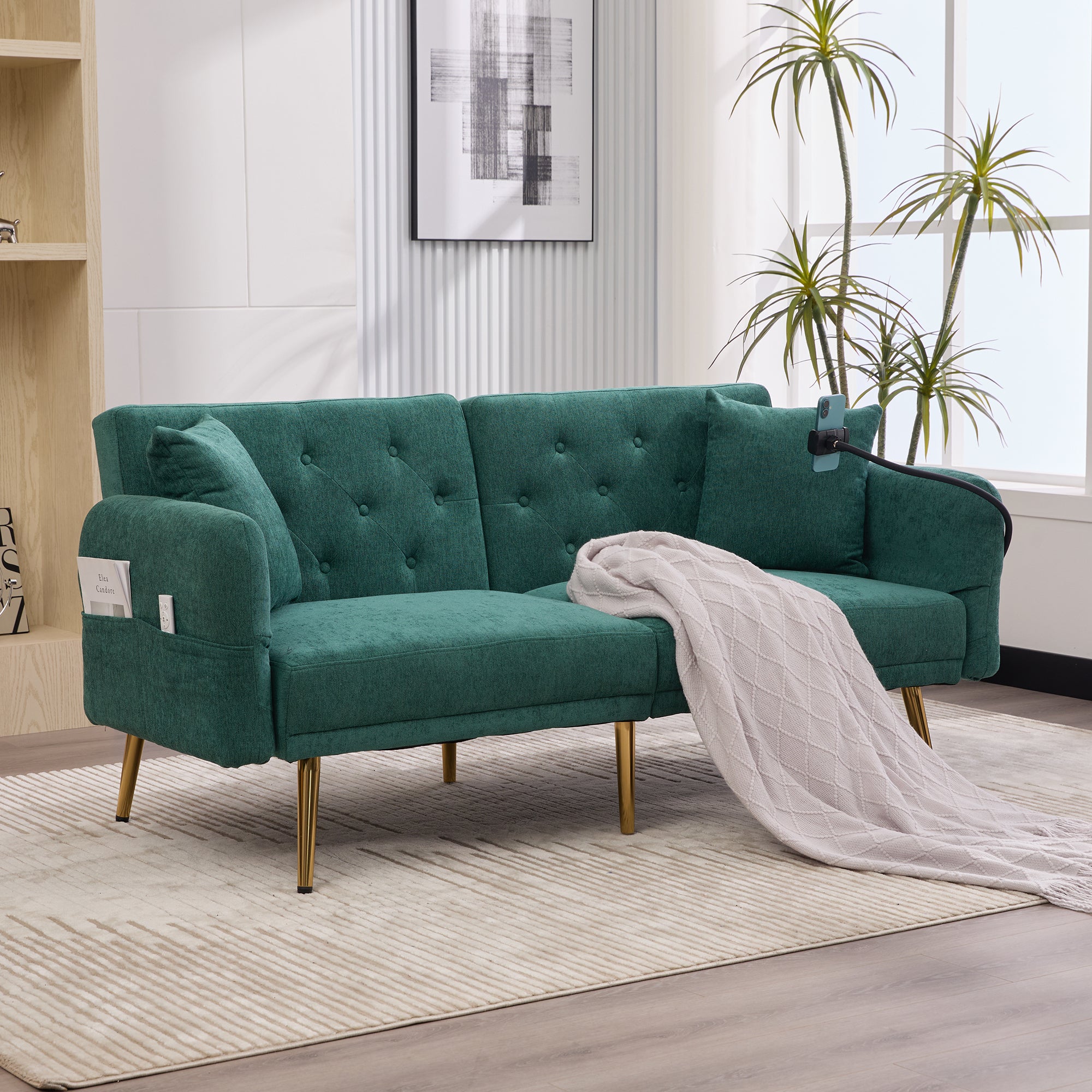 Sofa Bed, Multifunctional Folding with USB & Storage, Metal Legs