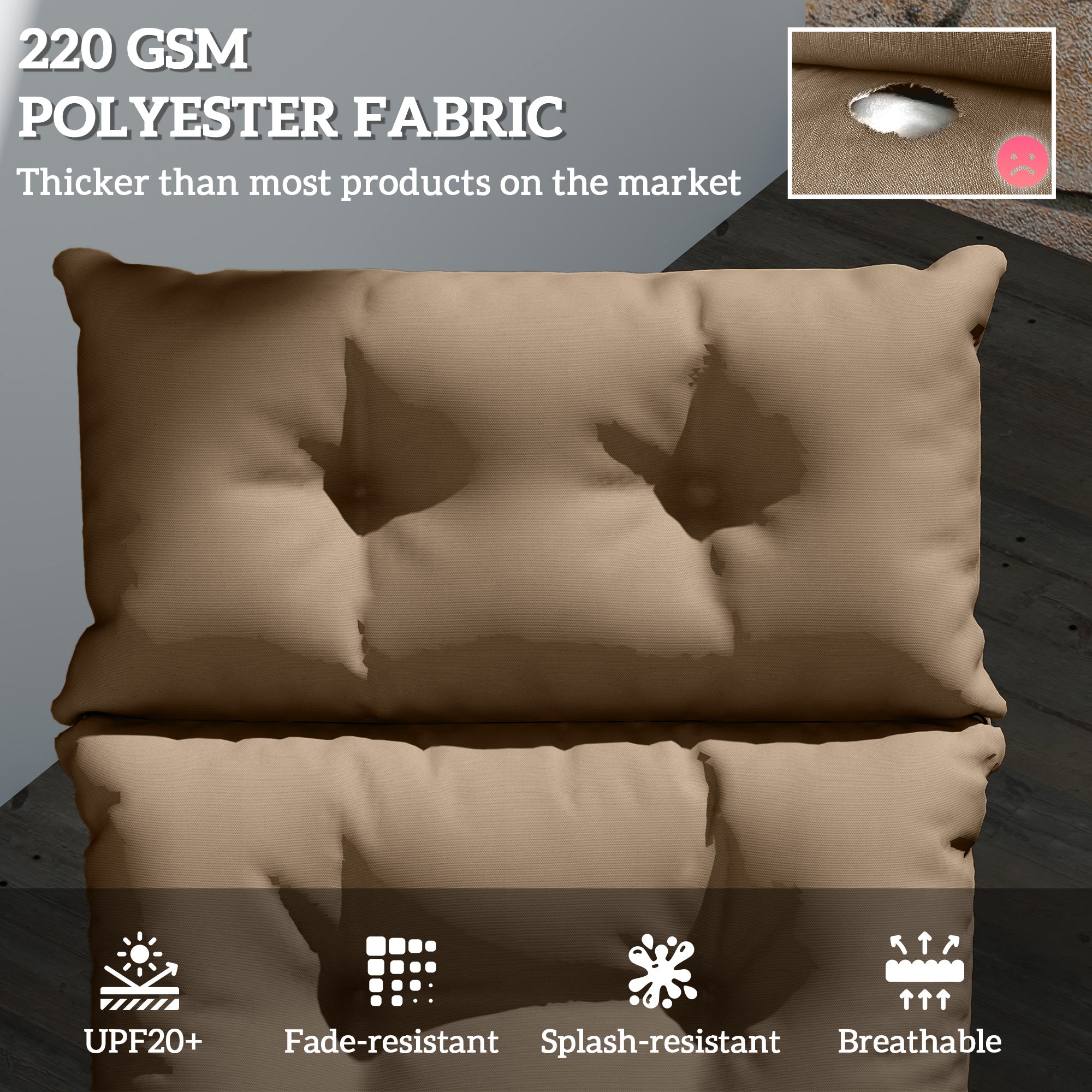 Sun Lounger Cushions, Thick Replacement Pads 190x56x10cm Khaki Fabric