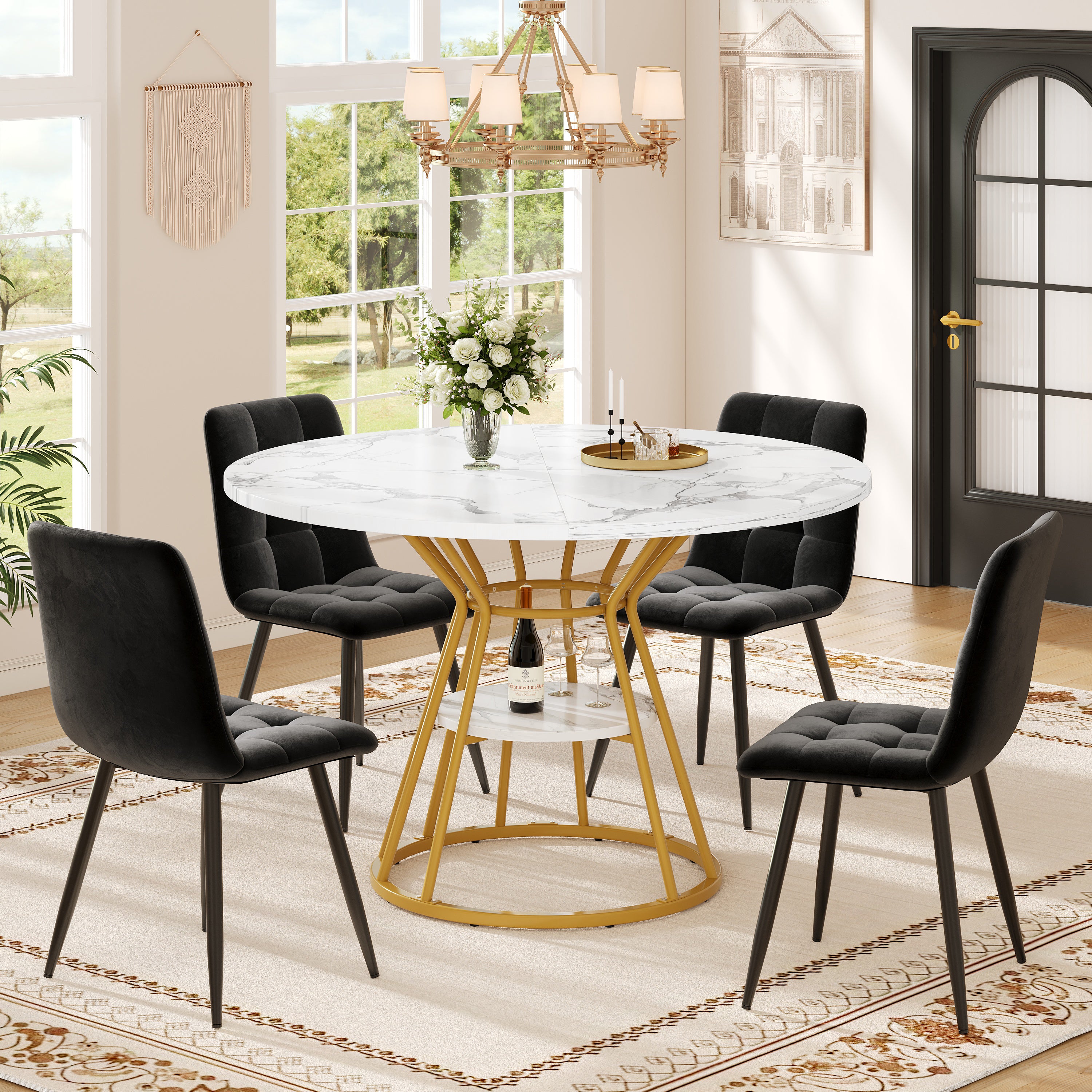 Round Dining Table, Metal Legs Marble Pattern, Gold/Black