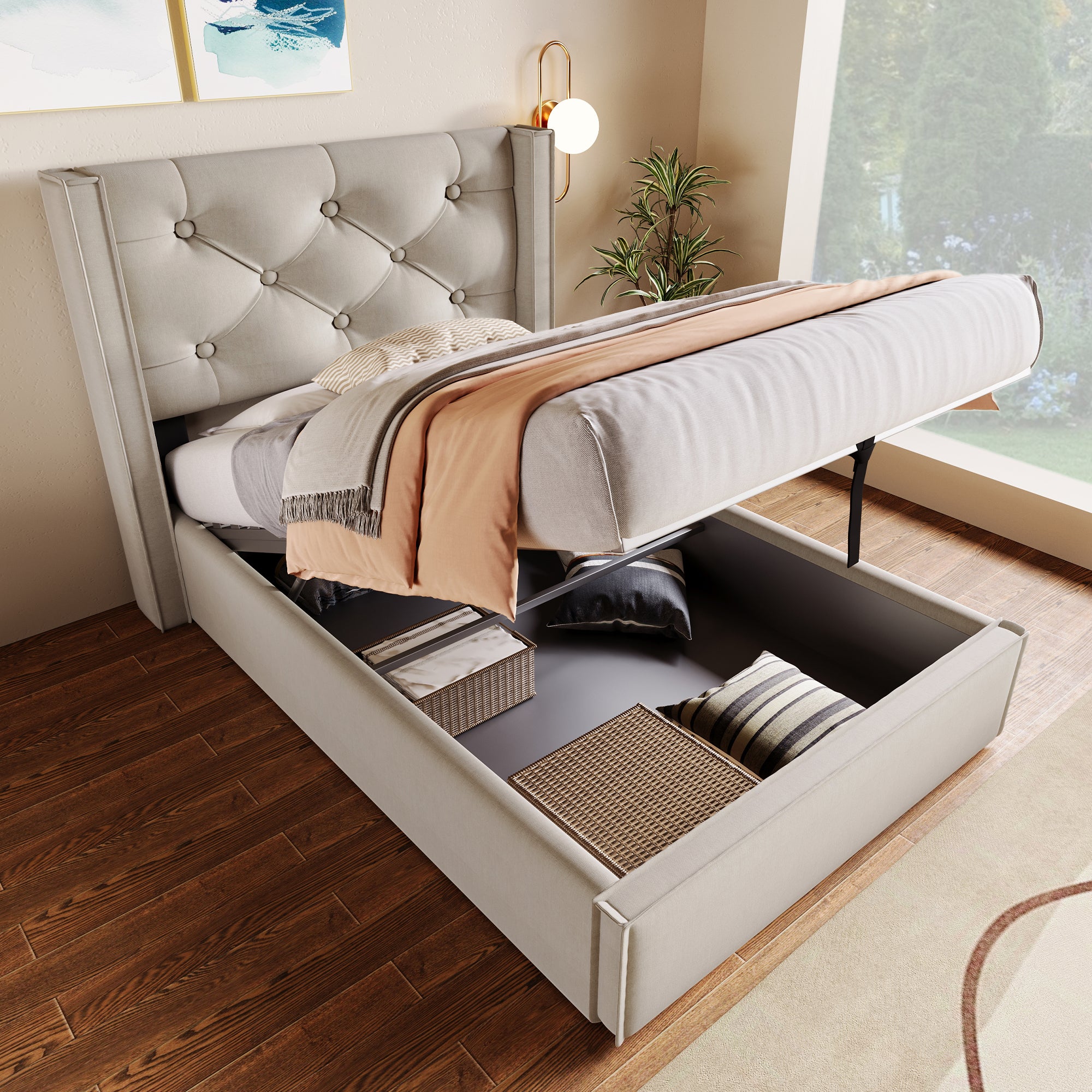 Hydraulic Upholstered Bed, Single 90x200cm with Storage, Light Grey Cotton