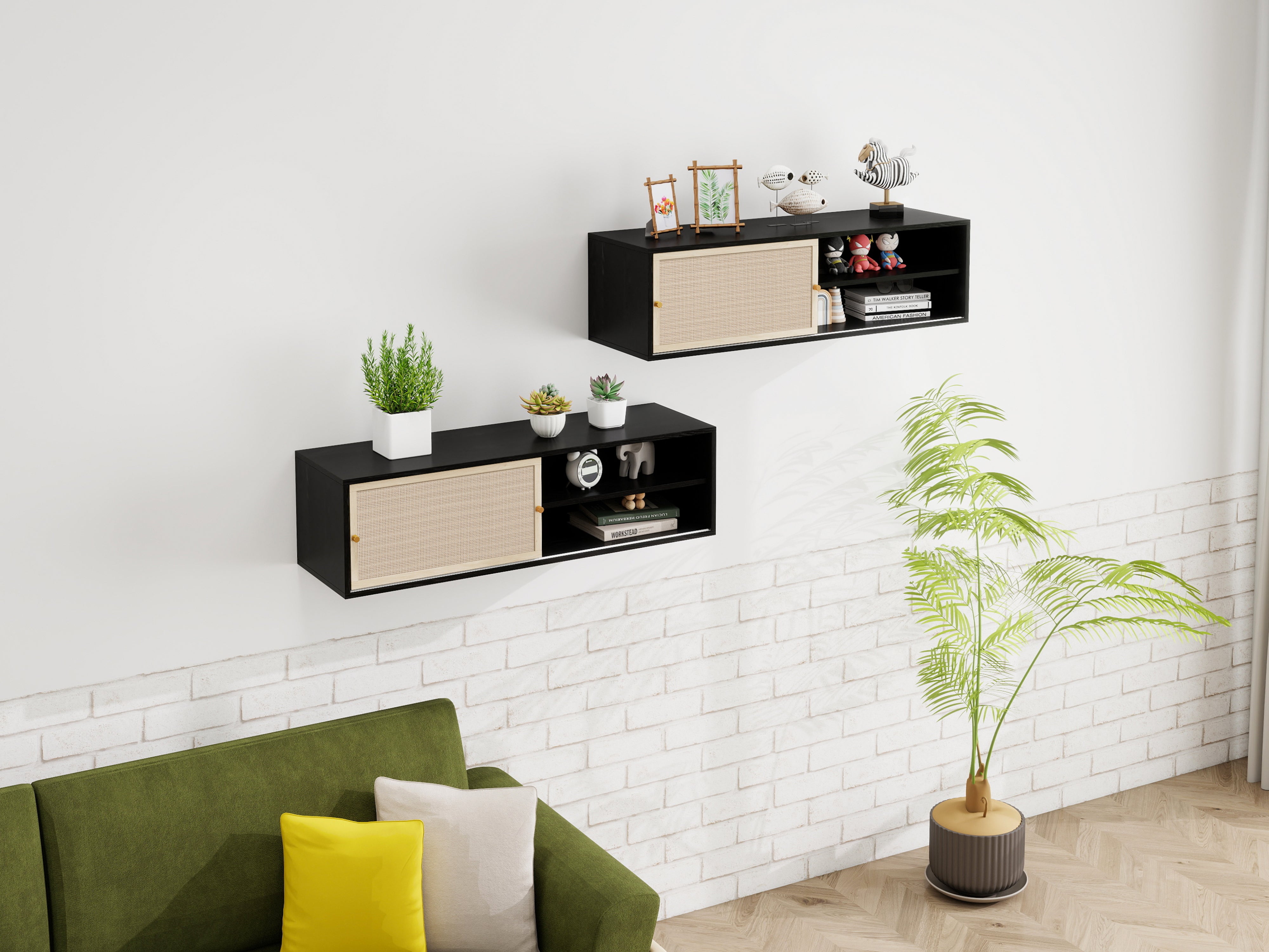 Wall Cabinet rectangular with sliding doors, rattan weave, 110 cm, black