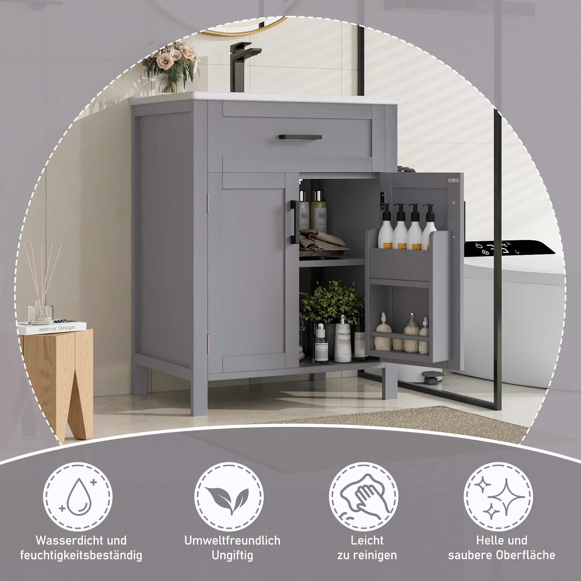 Bathroom Vanity Unit with Integrated Ceramic Sink and Storage Shelves, Grey