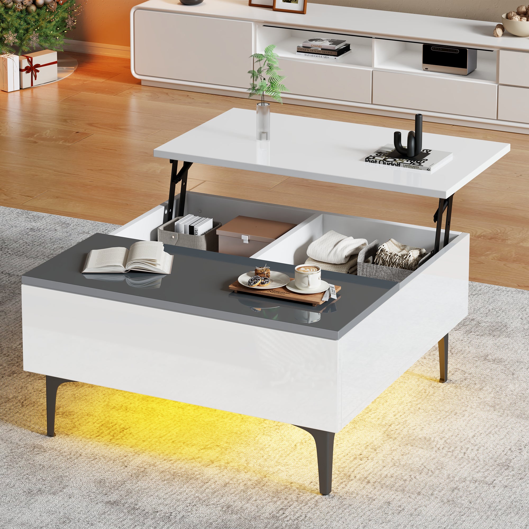 Coffee Table, Height-Adjustable with Hidden Storage and Shelves, White High-Gloss